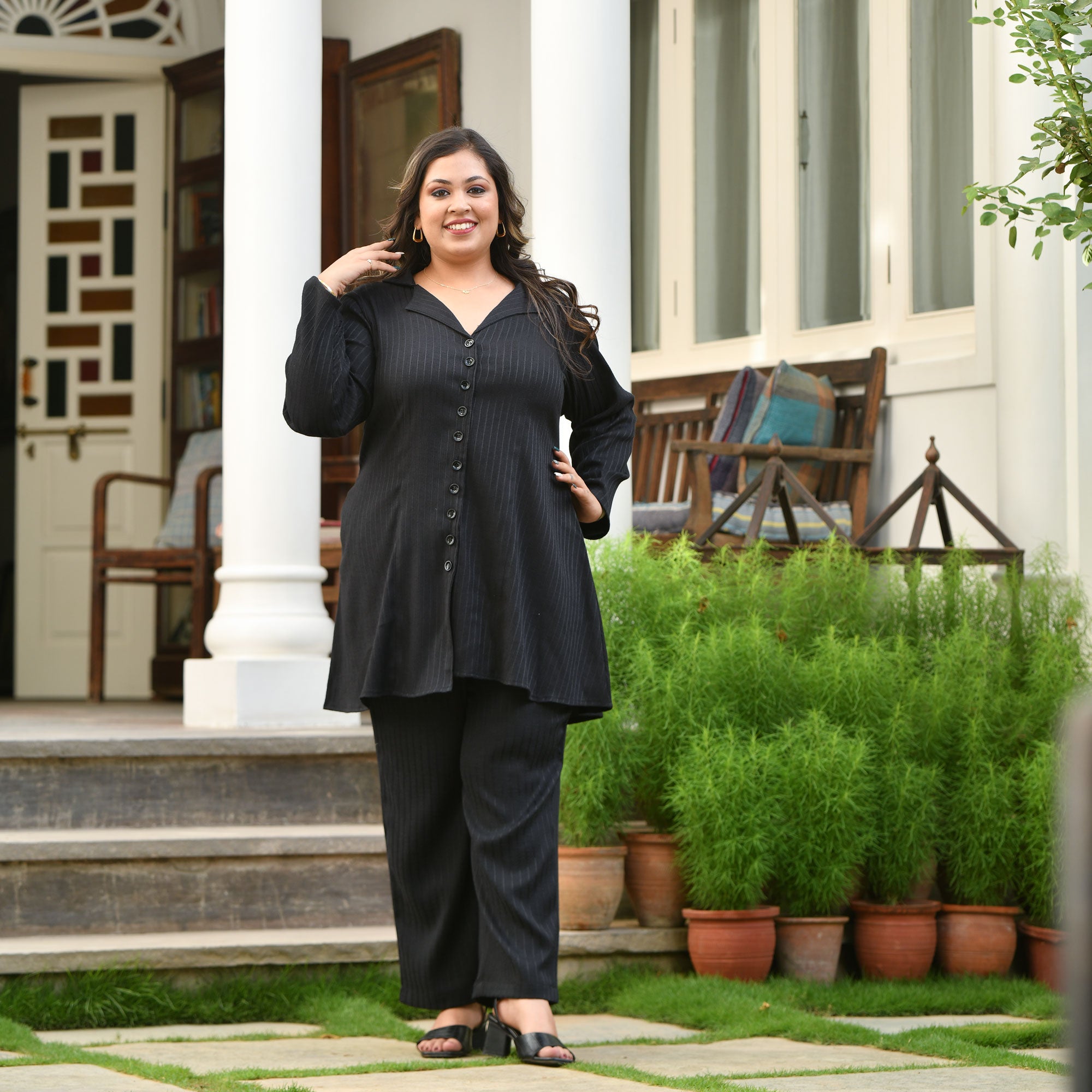 Classic Black Textured Blazer Pants Co-Ord Set