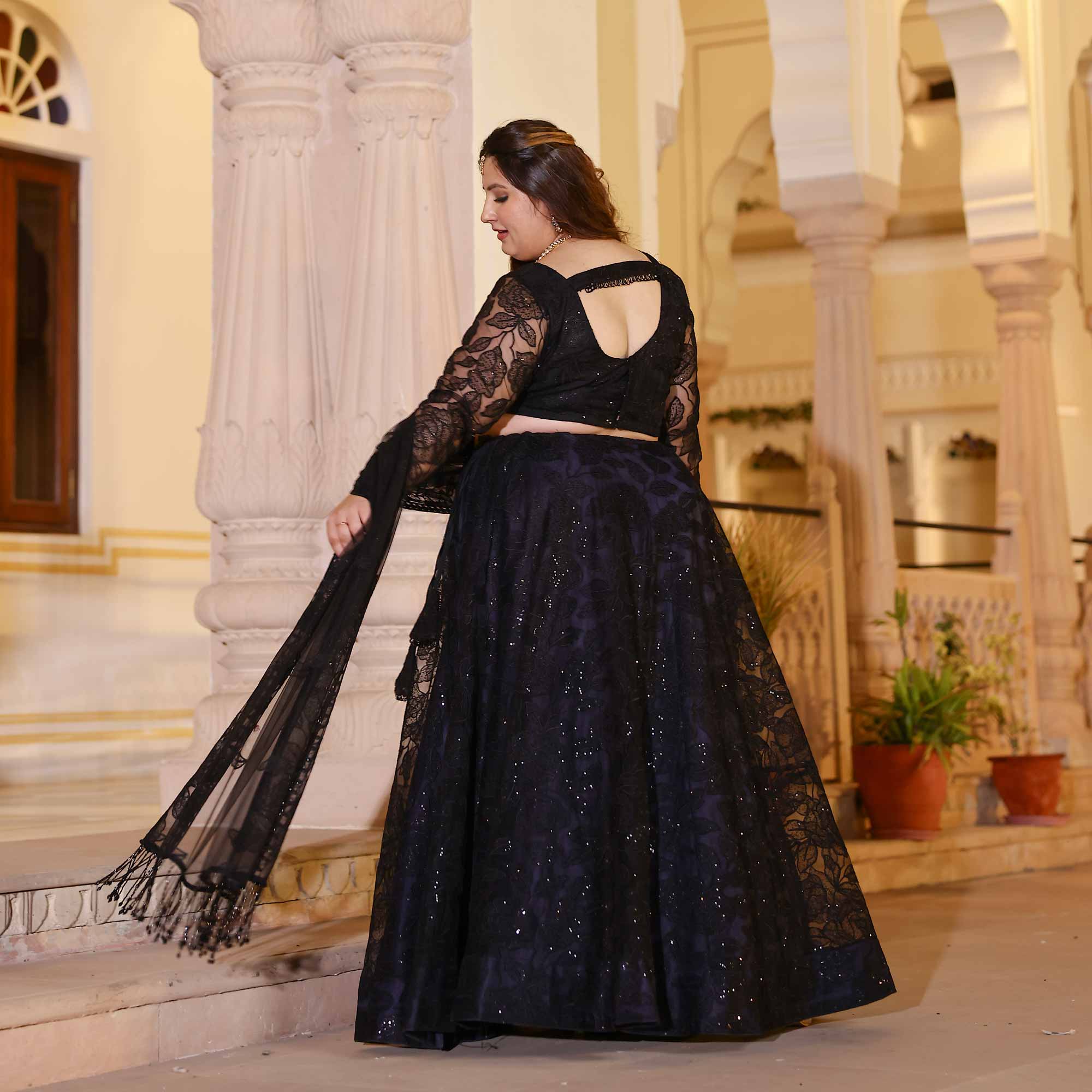 Black Divine Floral Net Lehenga Set