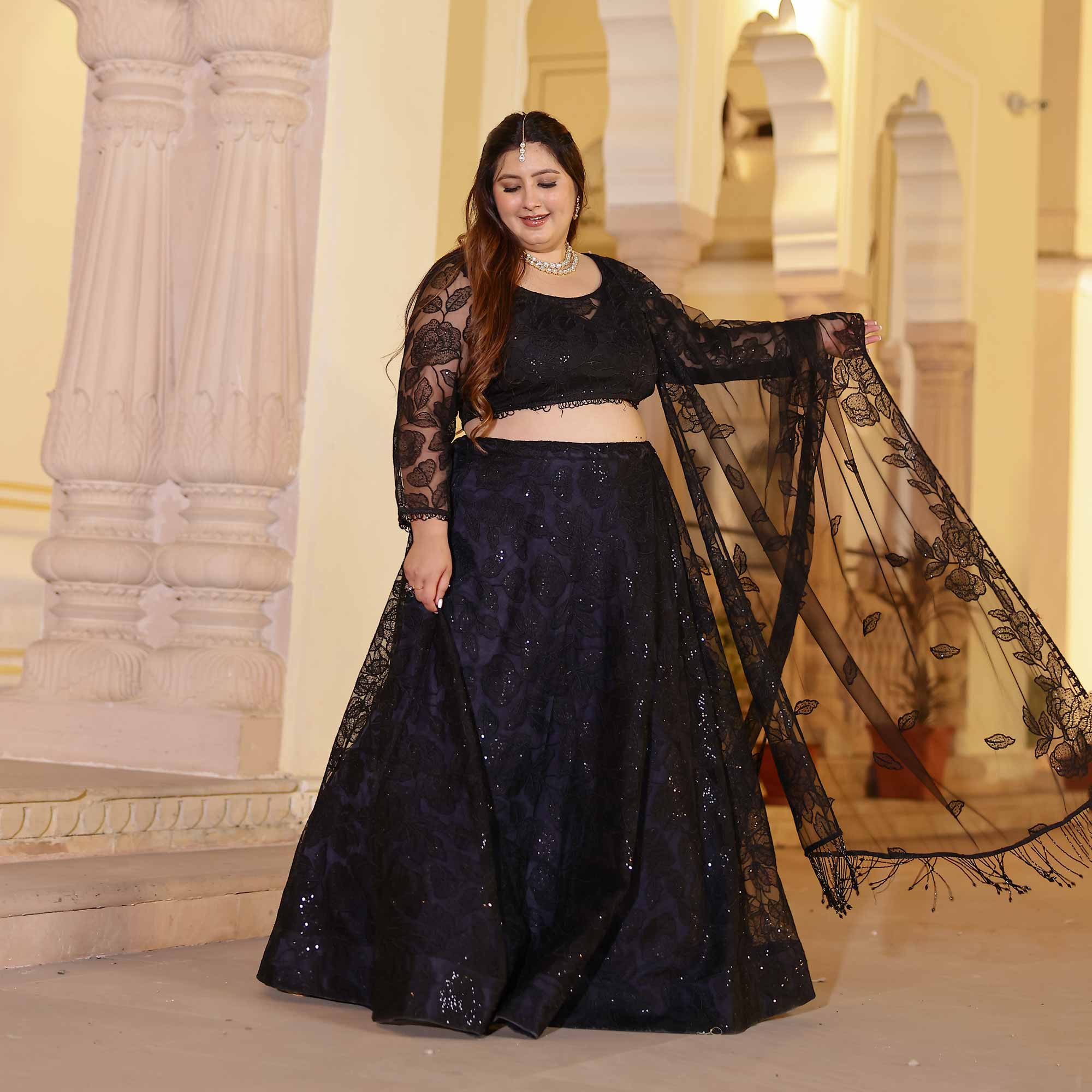 Black Divine Floral Net Lehenga Set