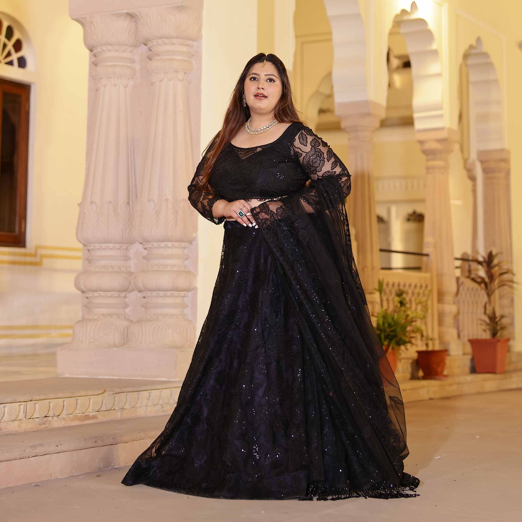 Black Divine Floral Net Lehenga Set
