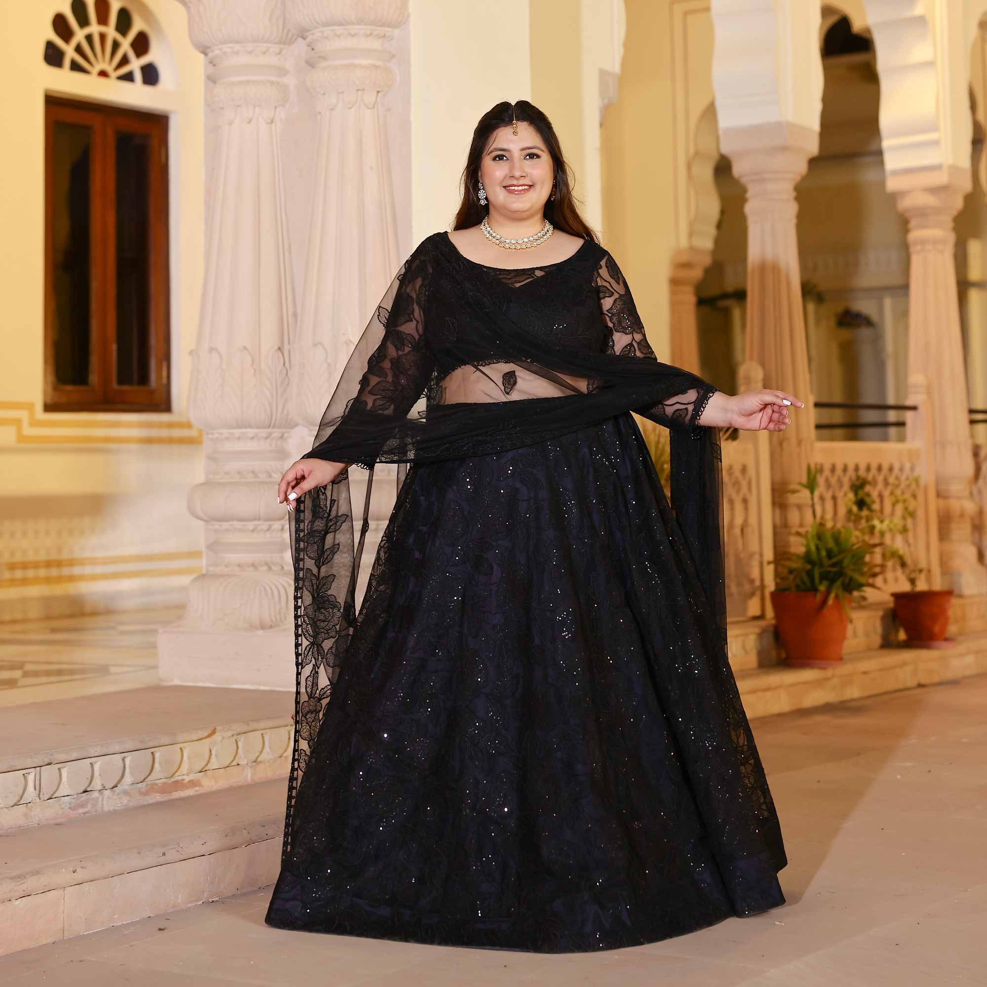 Black Divine Floral Net Lehenga Set