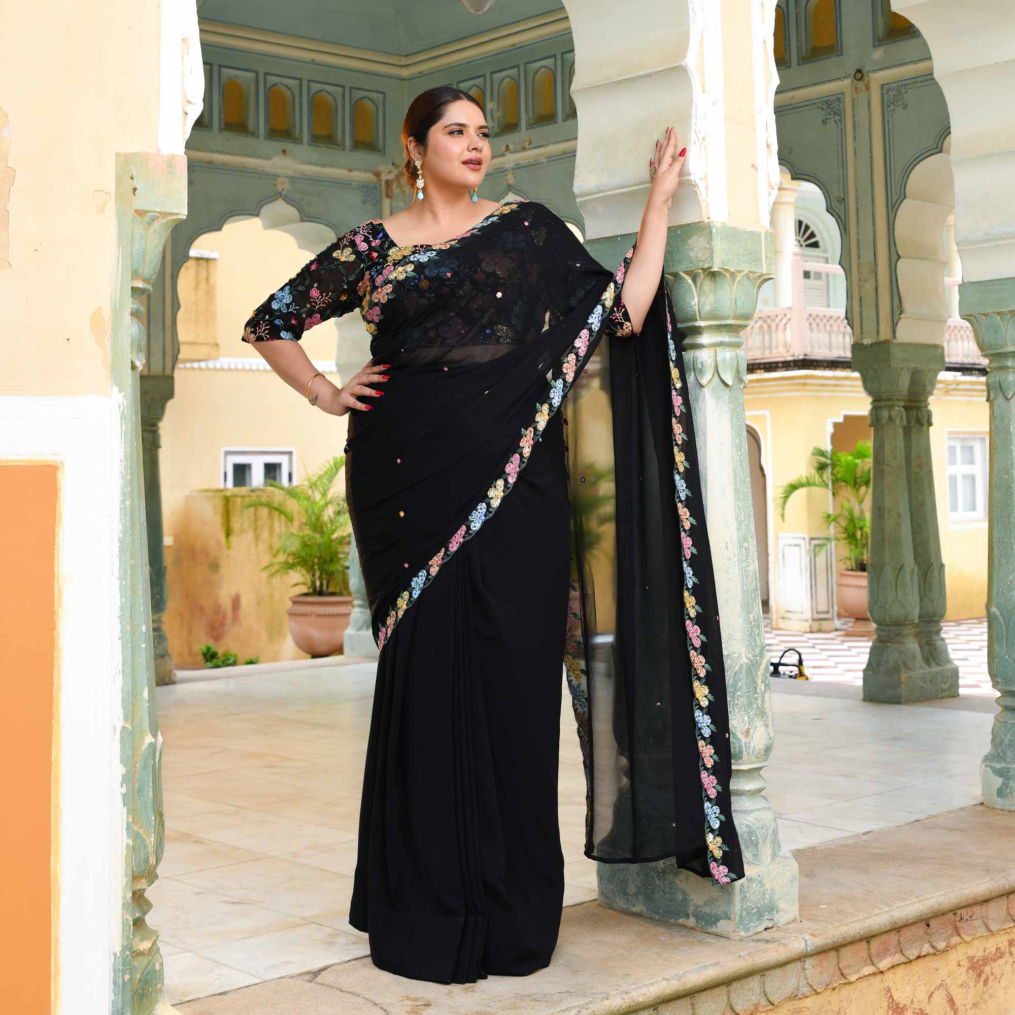 The Queen - Black multicolor sequin embroidered Pre-drape saree