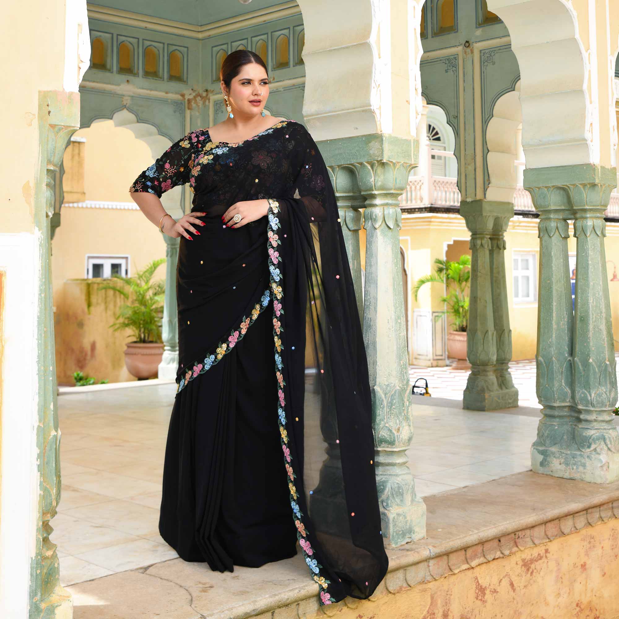The Queen - Black multicolor sequin embroidered Pre-drape saree