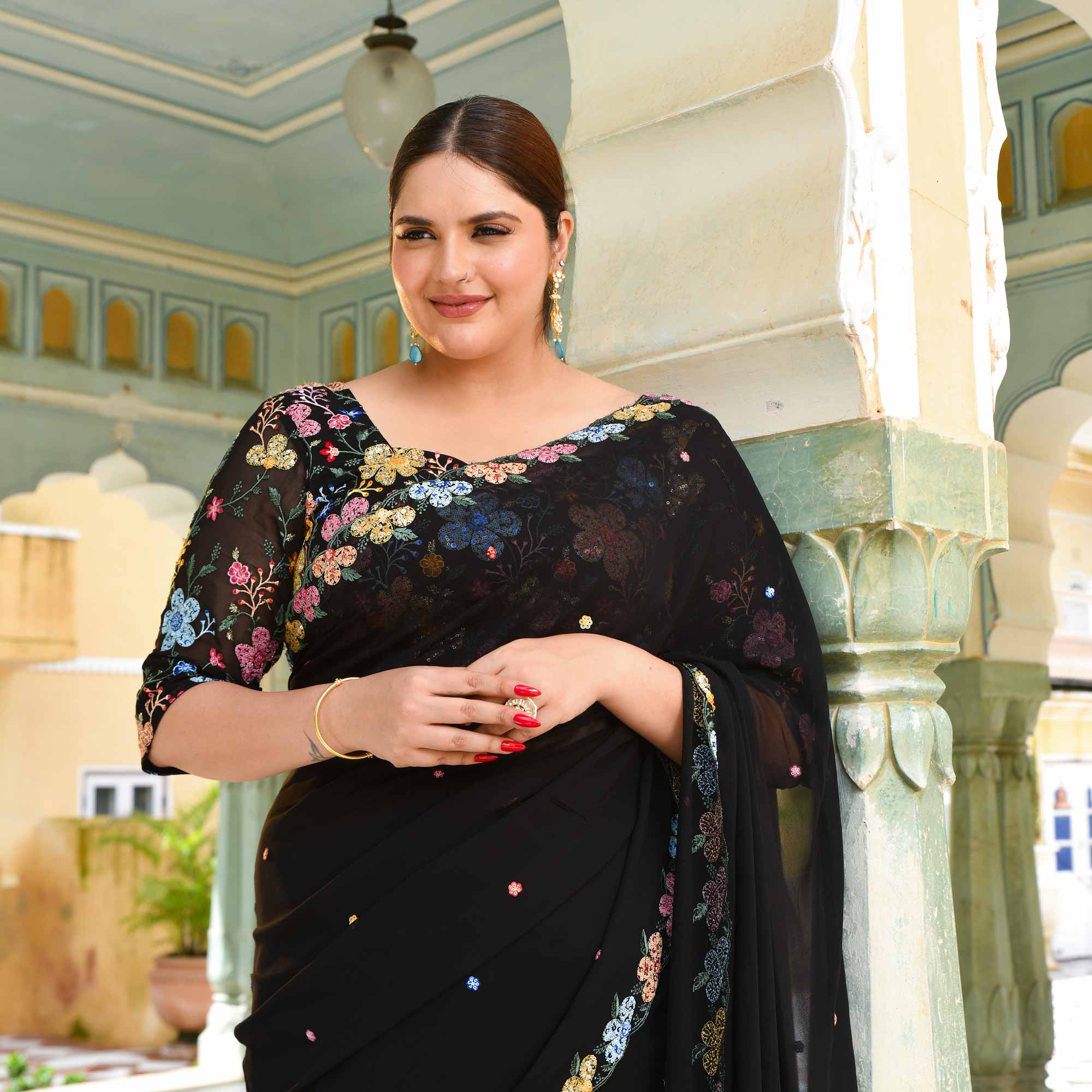 The Queen - Black multicolor sequin embroidered Pre-drape saree