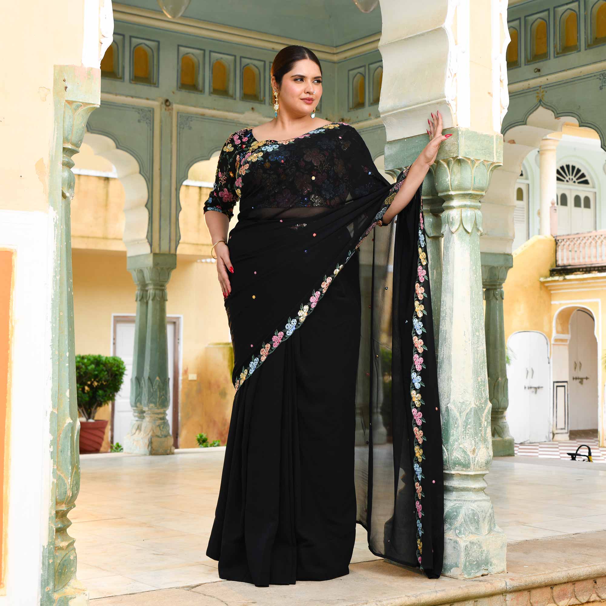 The Queen - Black multicolor sequin embroidered Pre-drape saree