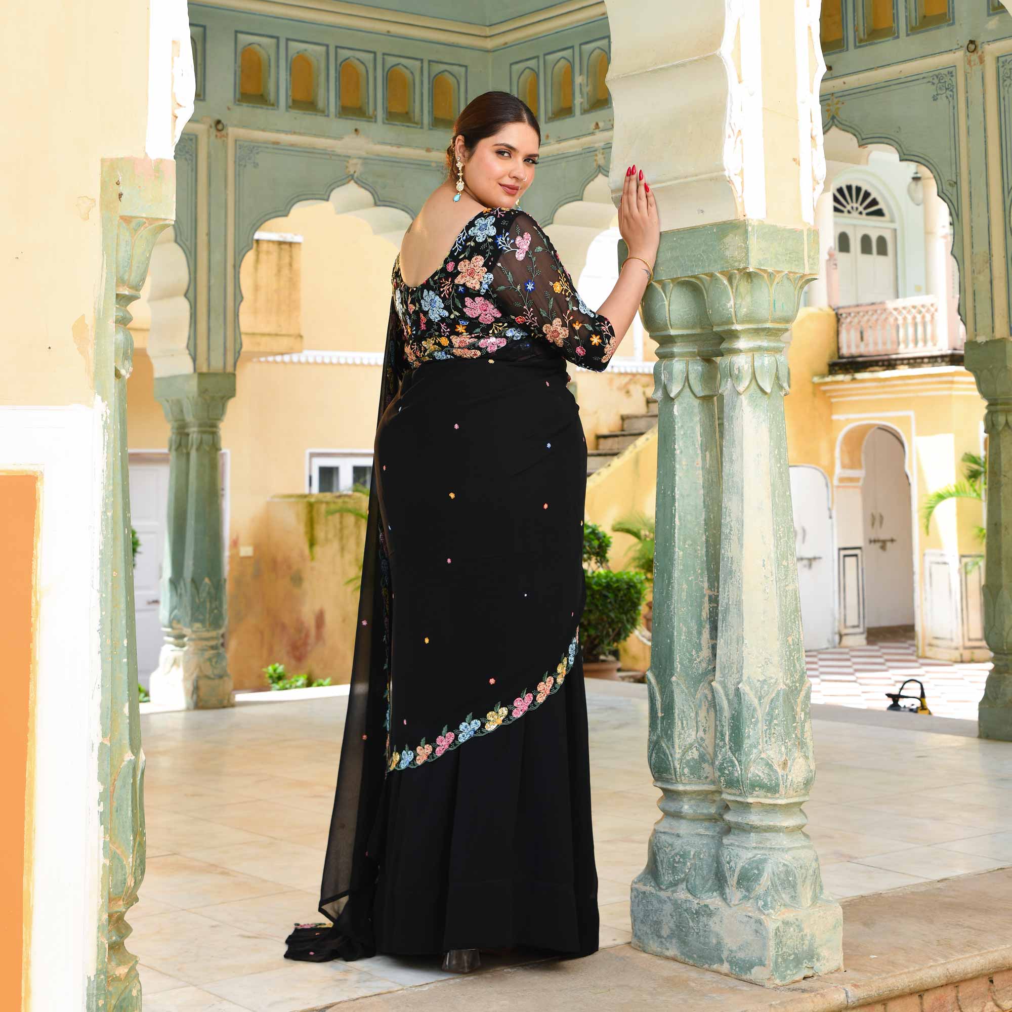 The Queen - Black multicolor sequin embroidered Pre-drape saree