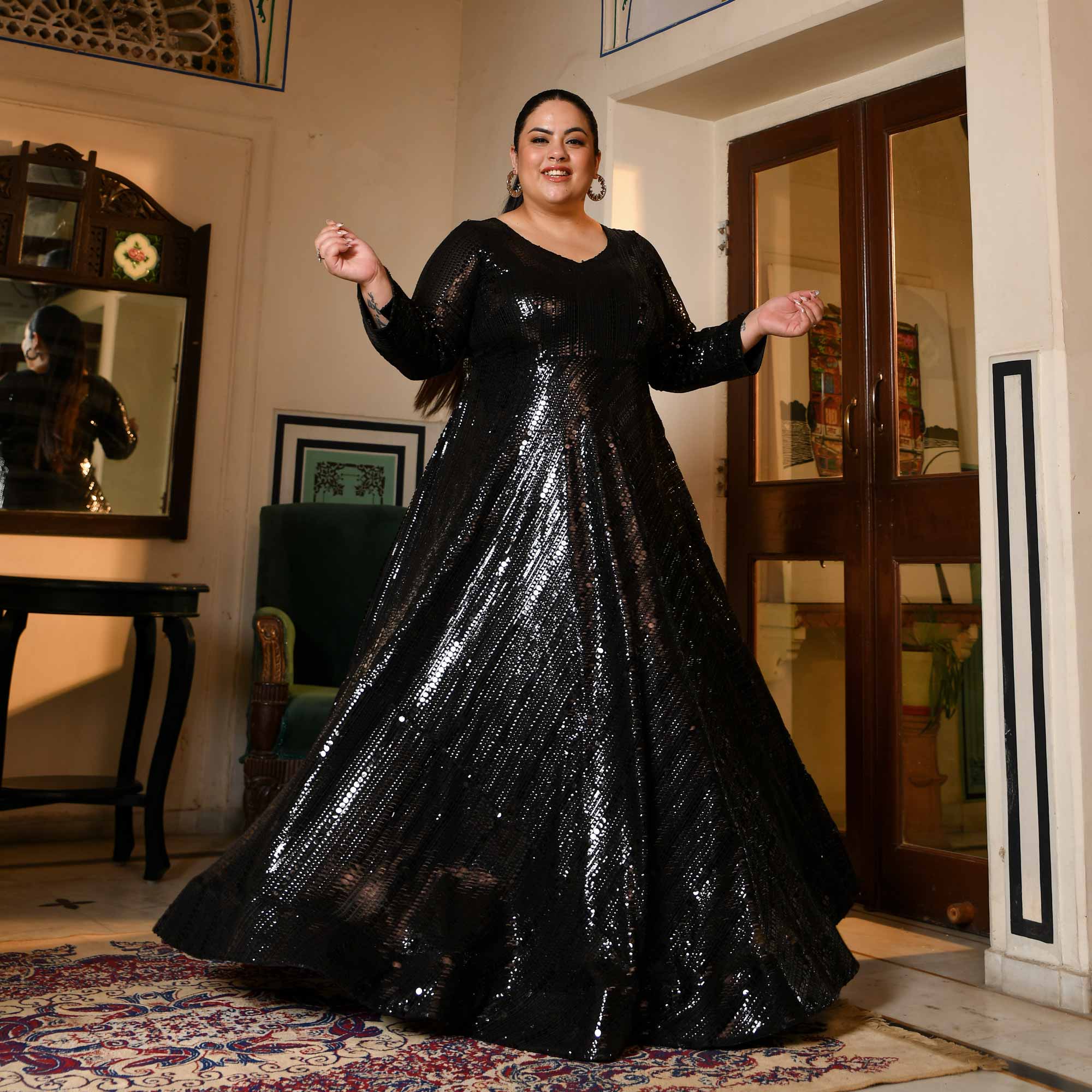 Sequined Nights- Black georgette sequin embroidered dress Sequined Nights- Black georgette sequin embroidered dress