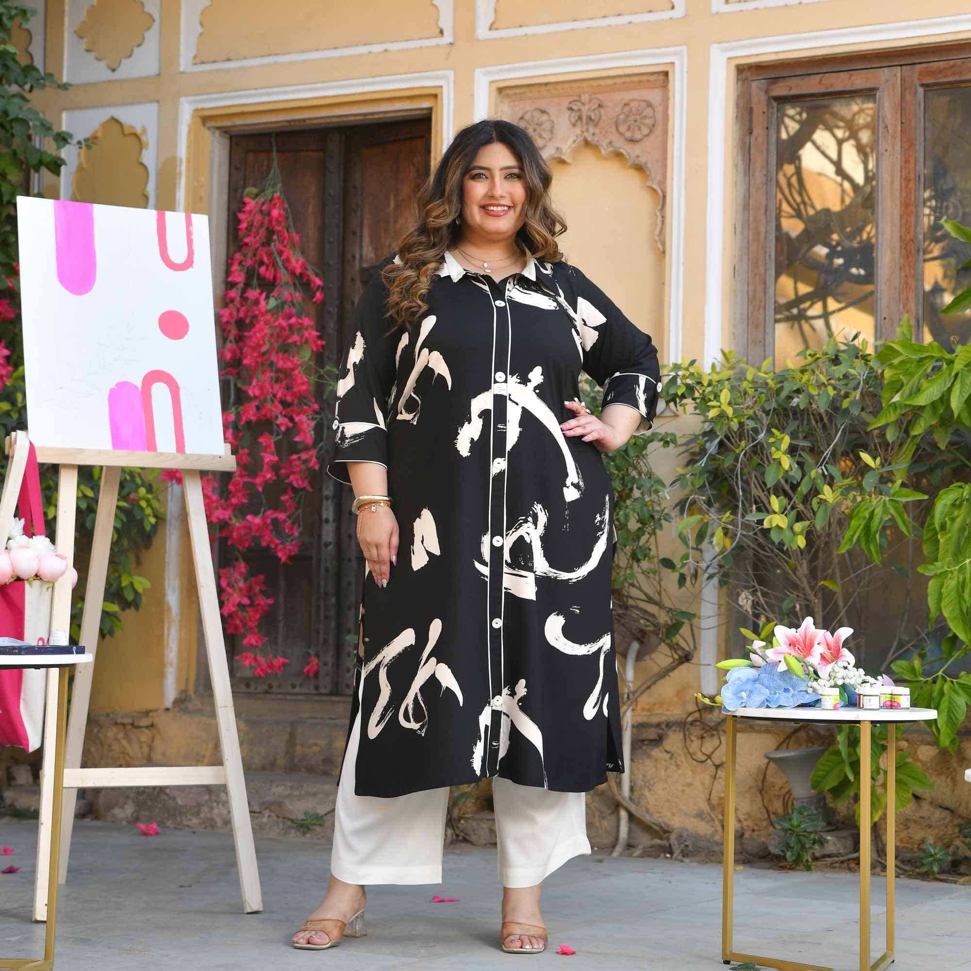 Chia Seeds- Black & White Abstract Heavy GSM Rayon Cotton Kurta