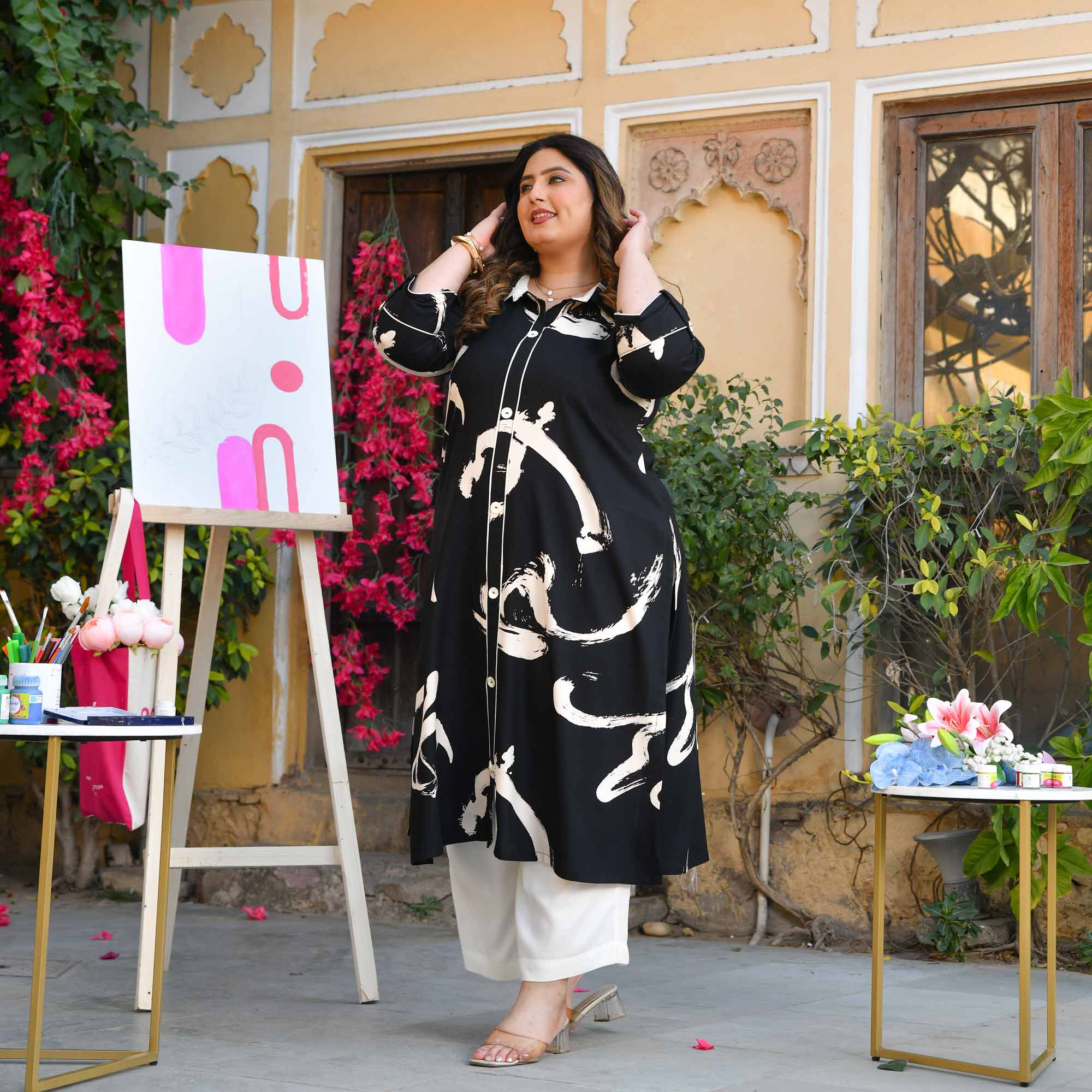 Chia Seeds- Black & White Abstract Heavy GSM Rayon Cotton Kurta
