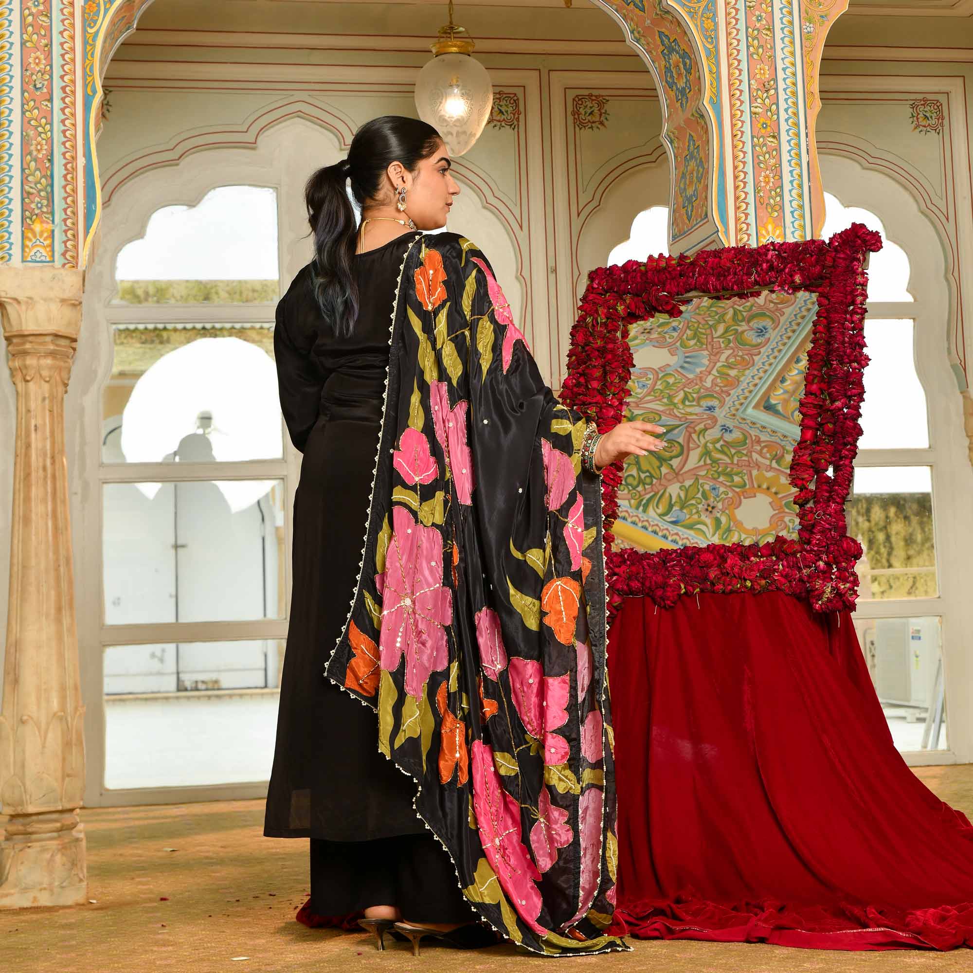 Swapan Lok- Black Pure Crepe Cutdana Embroidered Suit with Floral Printed Dupatta