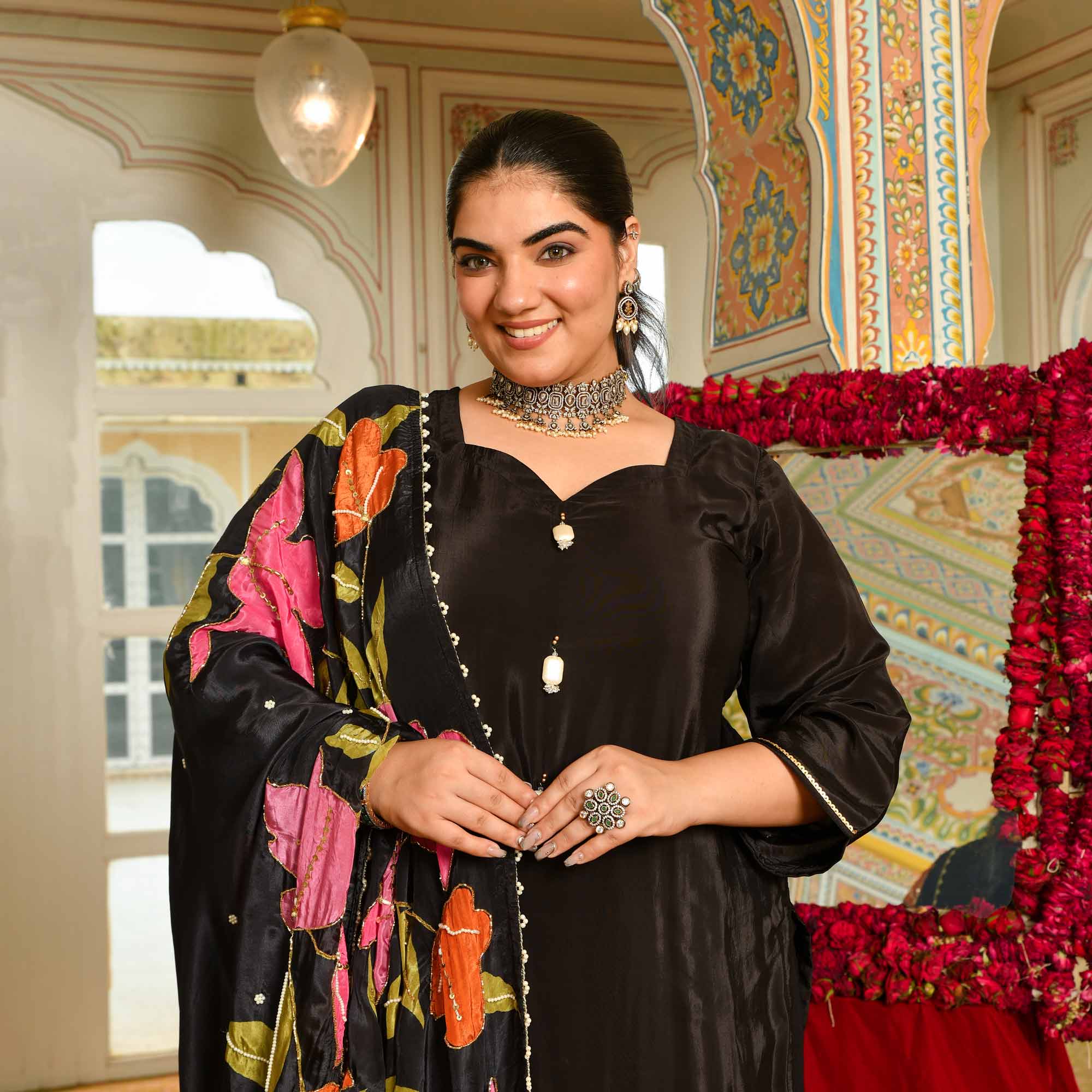 Swapan Lok- Black Pure Crepe Cutdana Embroidered Suit with Floral Printed Dupatta