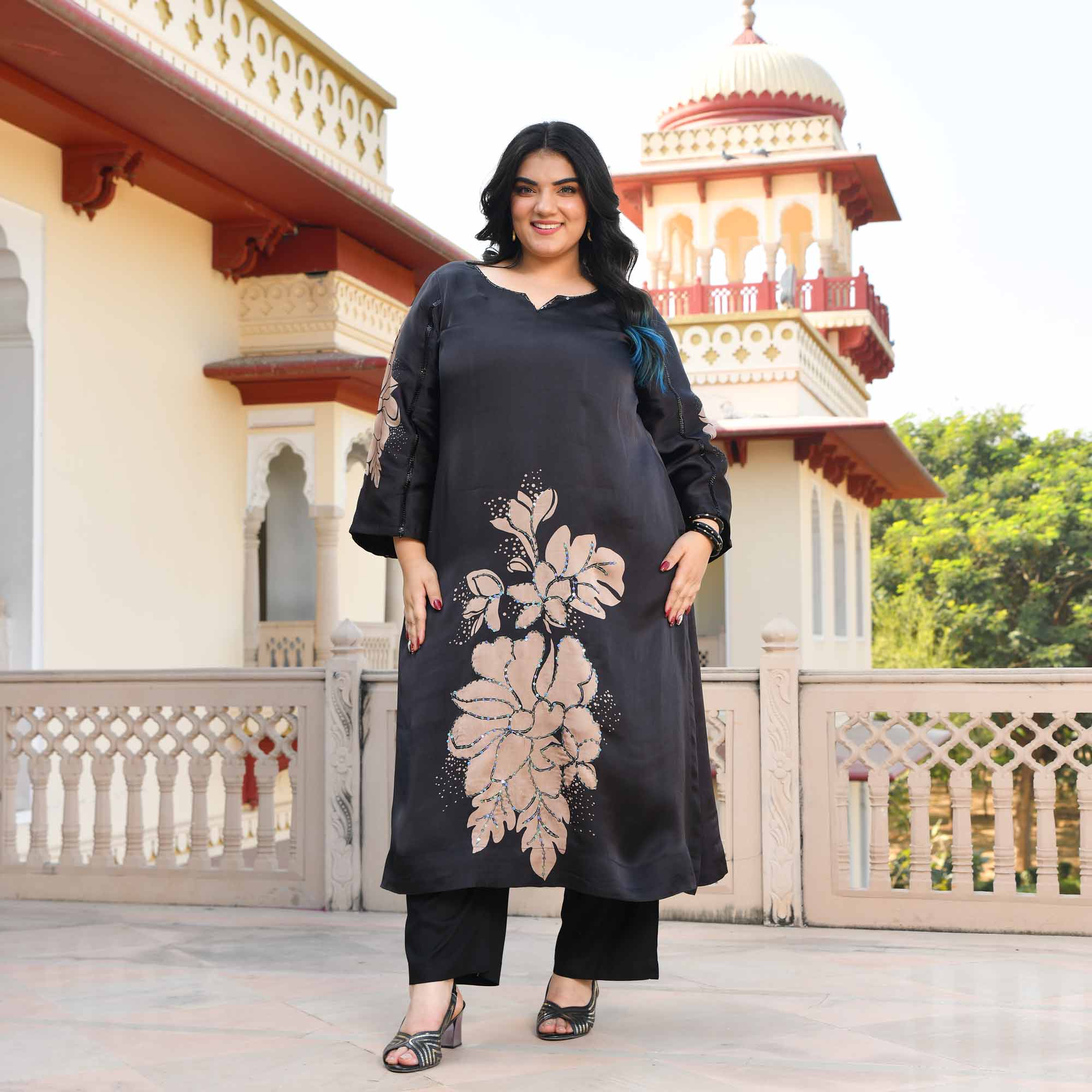 Serenity- Black Floral Pure Organza Satin Kurta