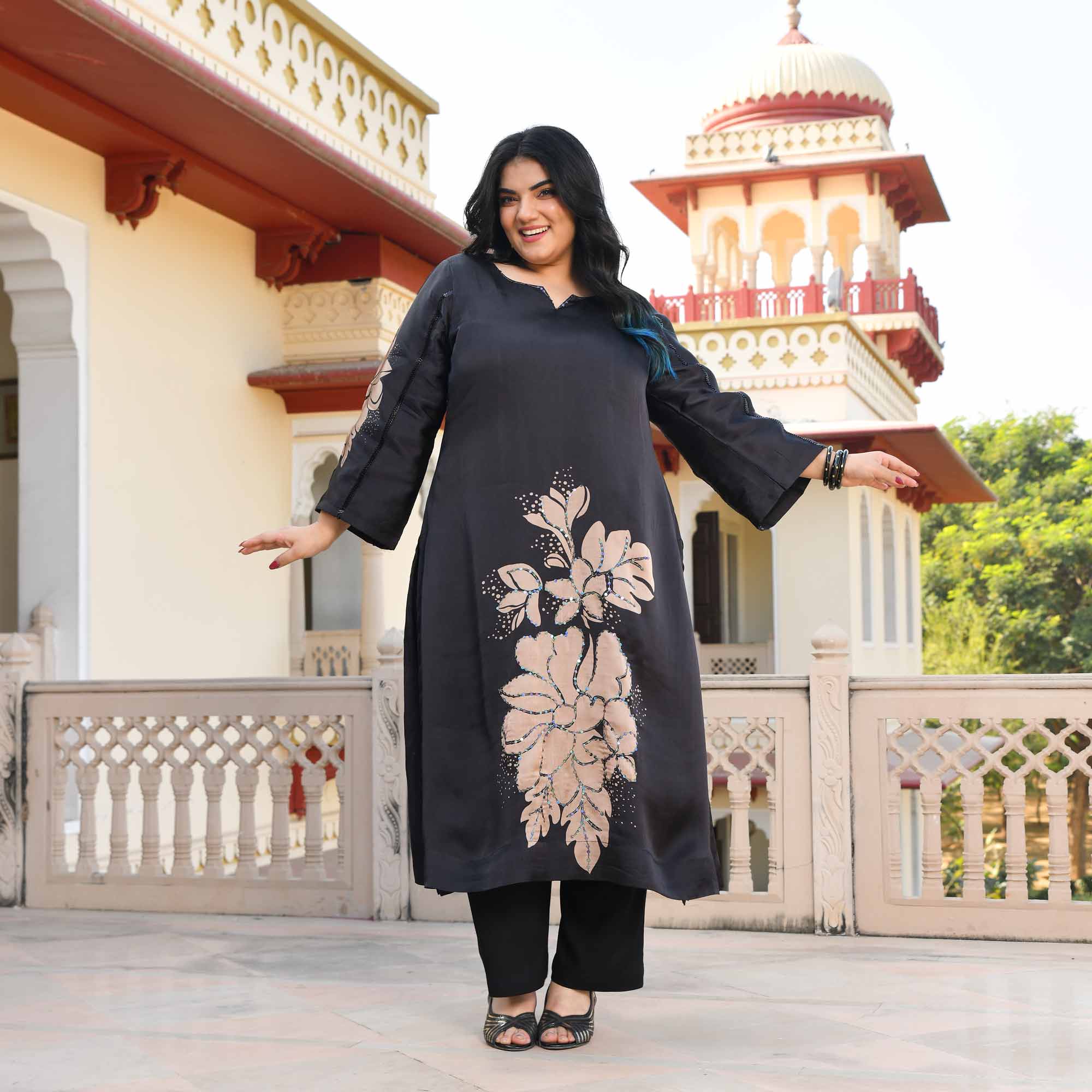 Serenity- Black Floral Pure Organza Satin Kurta