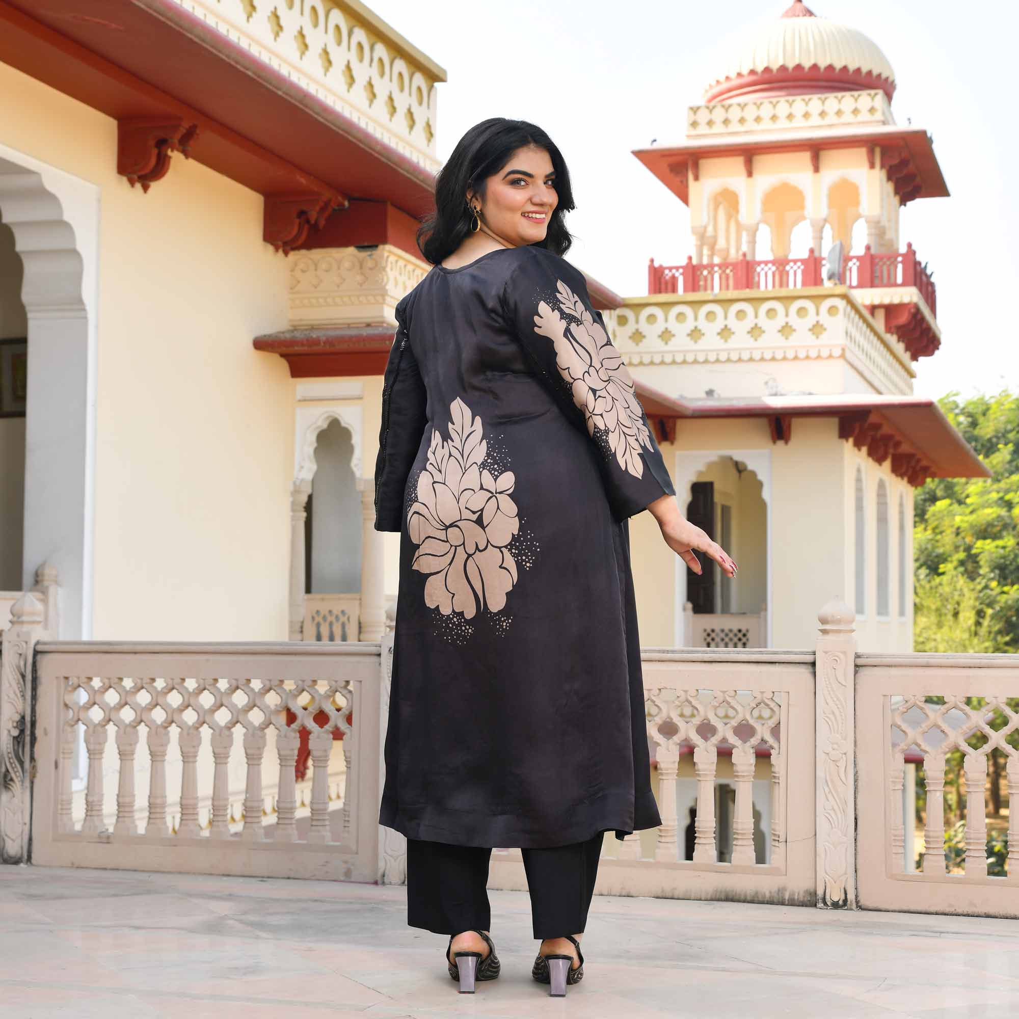 Serenity- Black Floral Pure Organza Satin Kurta