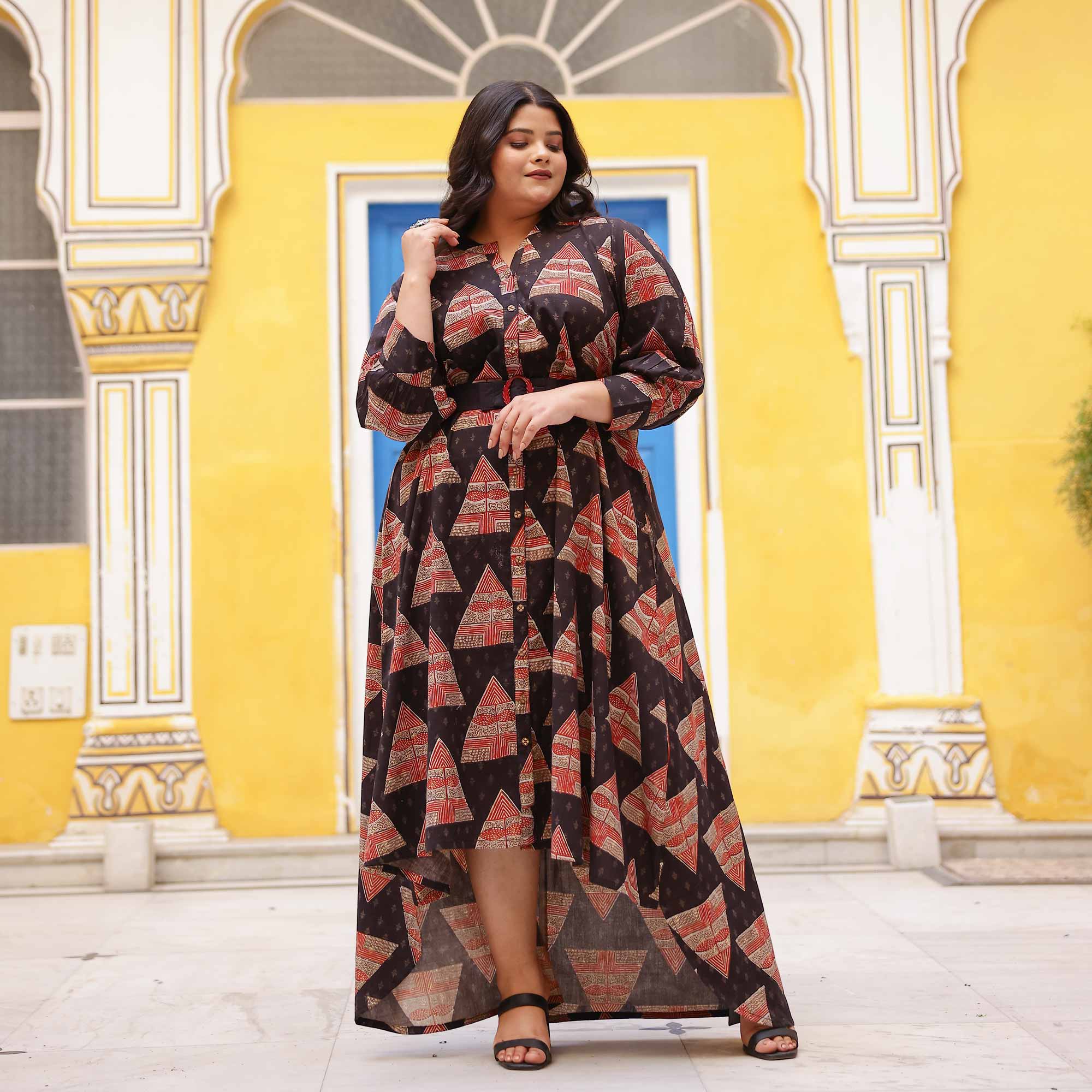 Citrus Gingerbread Ajrakh Assymetrical Shirt Dress