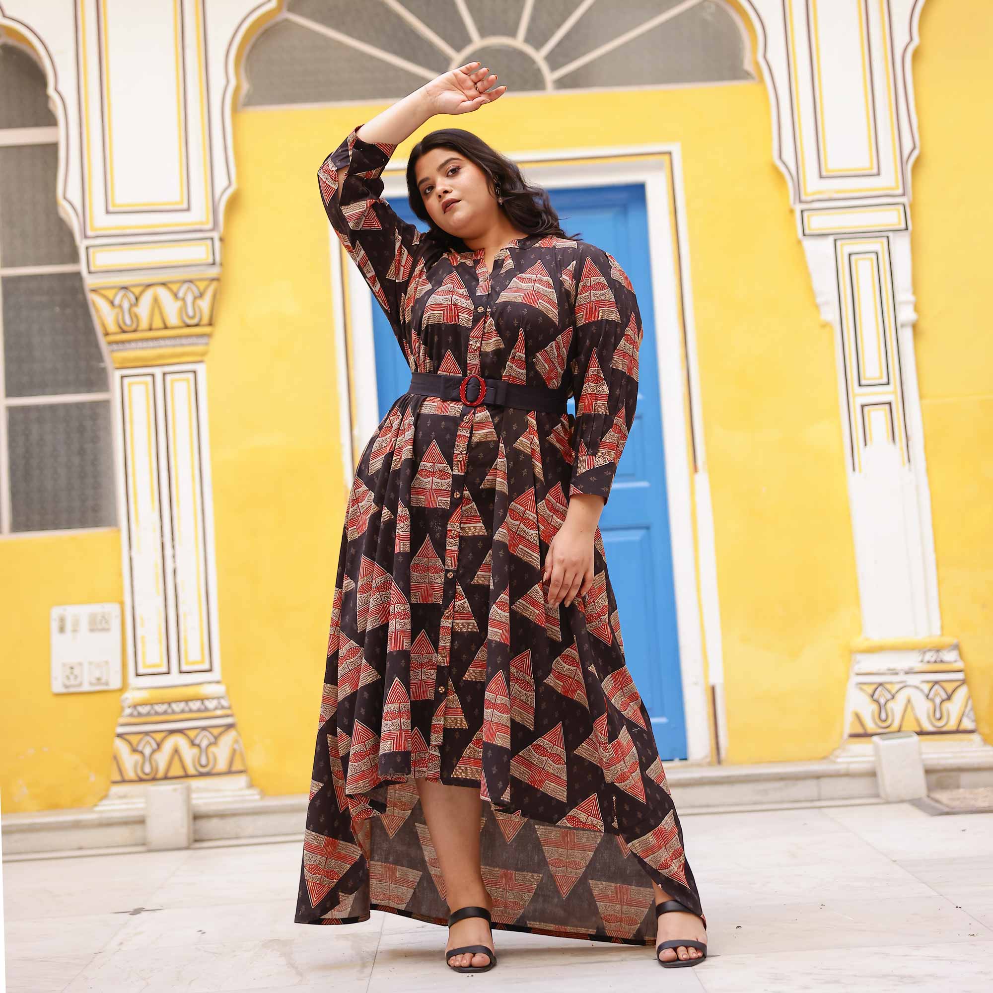 Citrus Gingerbread Ajrakh Assymetrical Shirt Dress