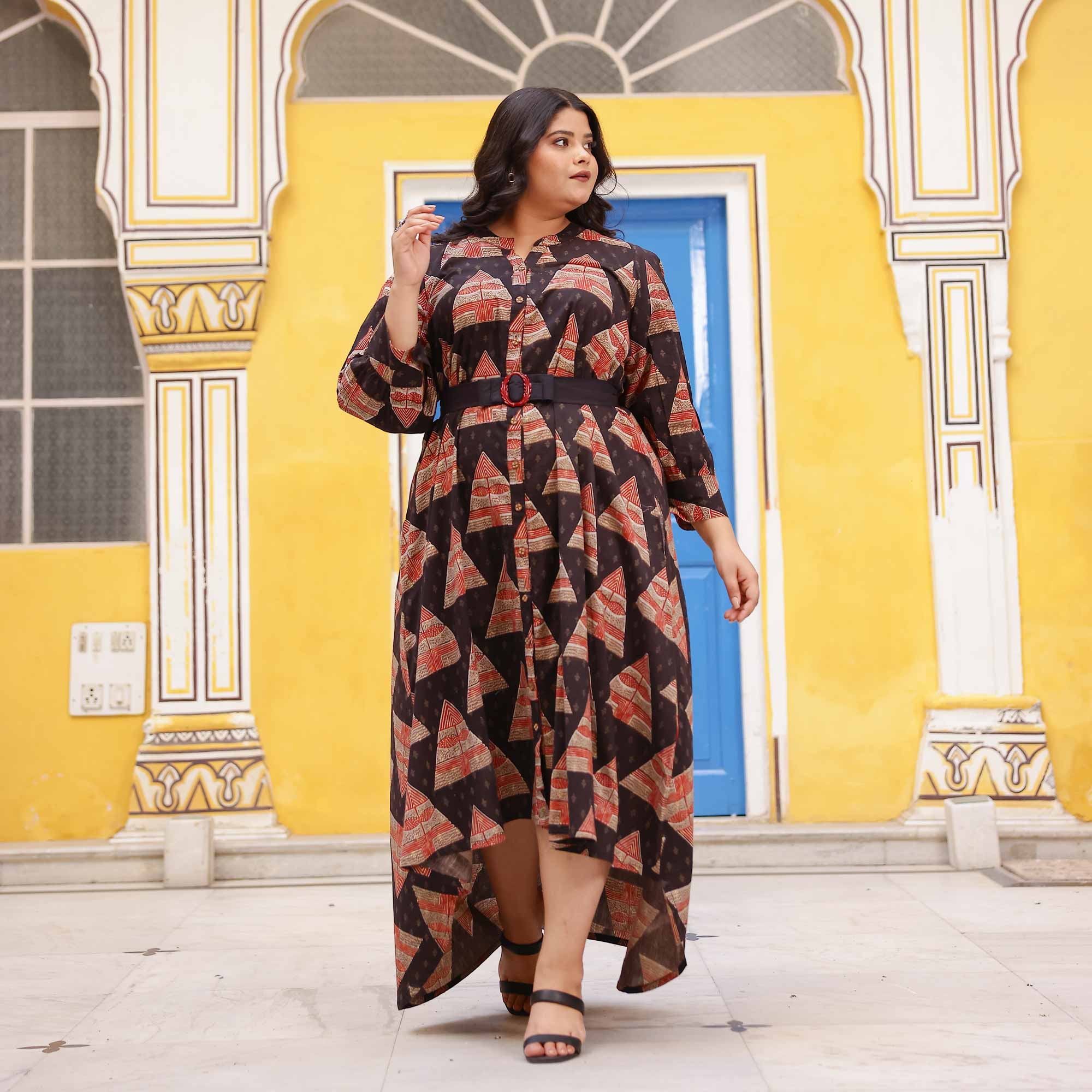 Citrus Gingerbread Ajrakh Assymetrical Shirt Dress