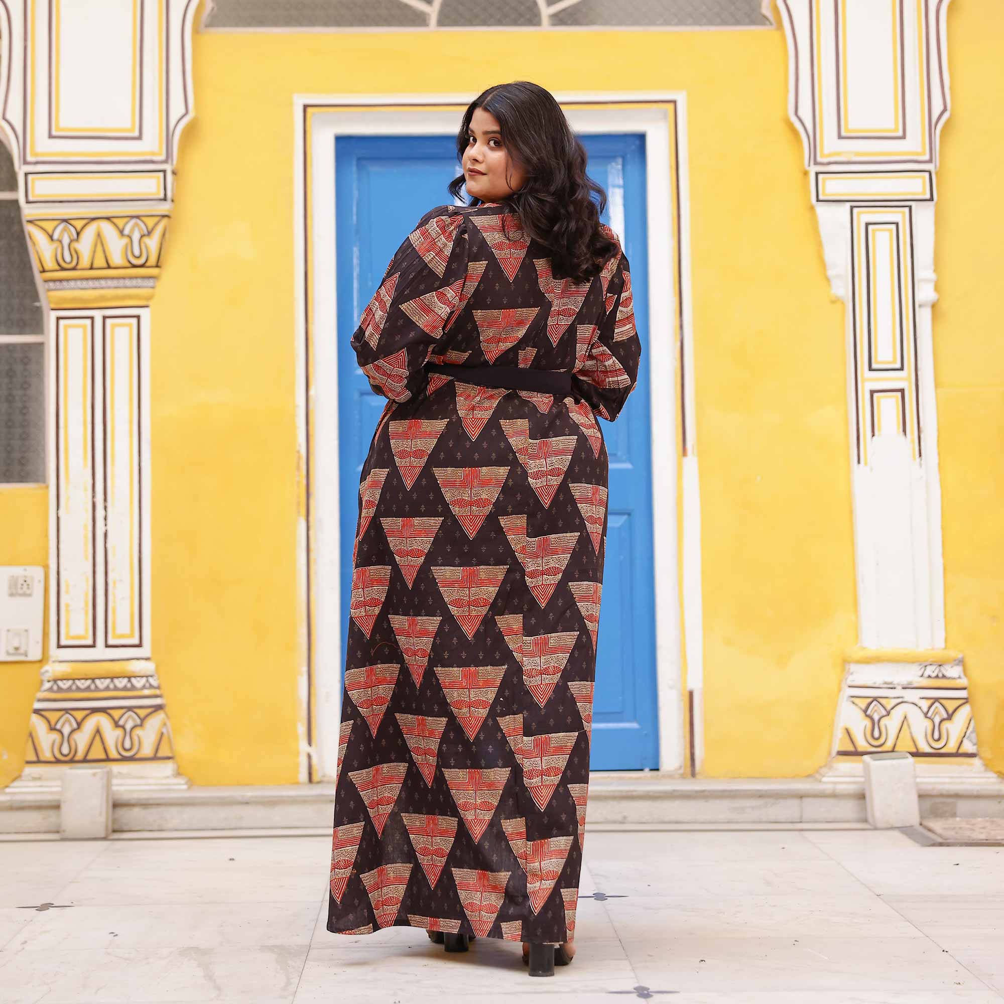 Citrus Gingerbread Ajrakh Assymetrical Shirt Dress