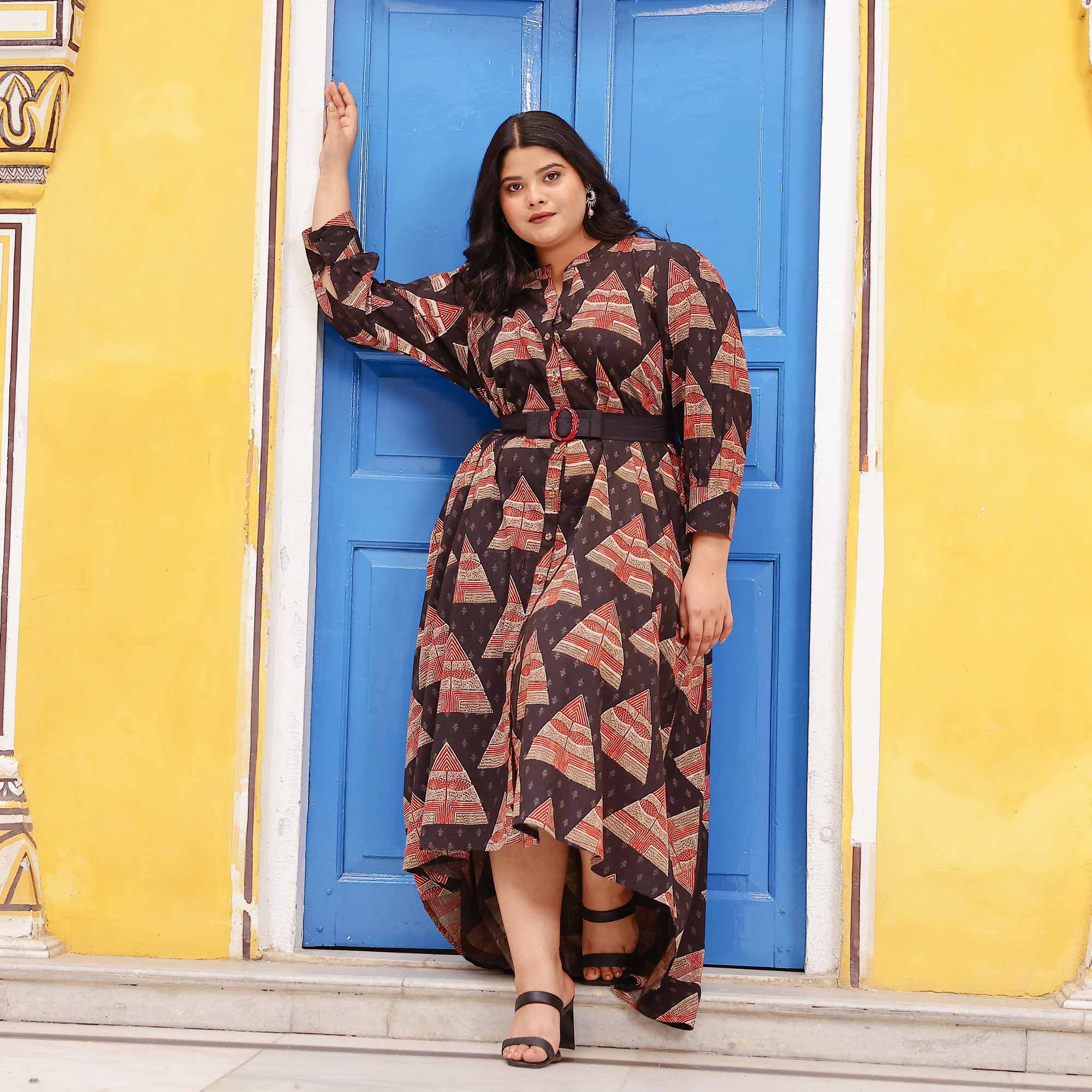 Citrus Gingerbread Ajrakh Assymetrical Shirt Dress