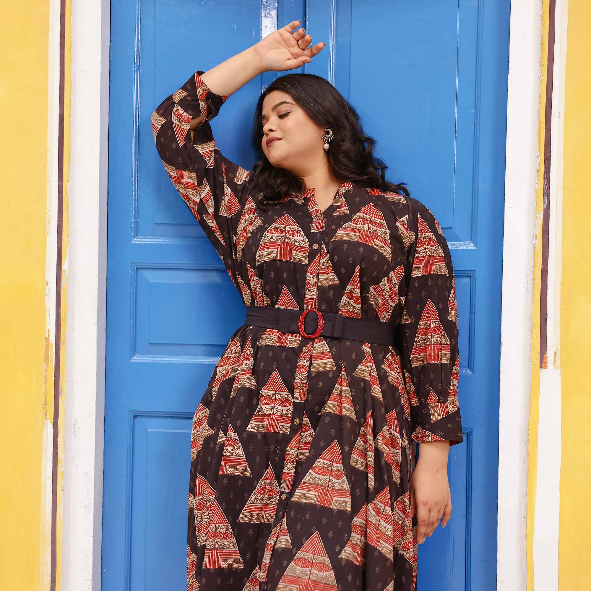 Citrus Gingerbread Ajrakh Assymetrical Shirt Dress