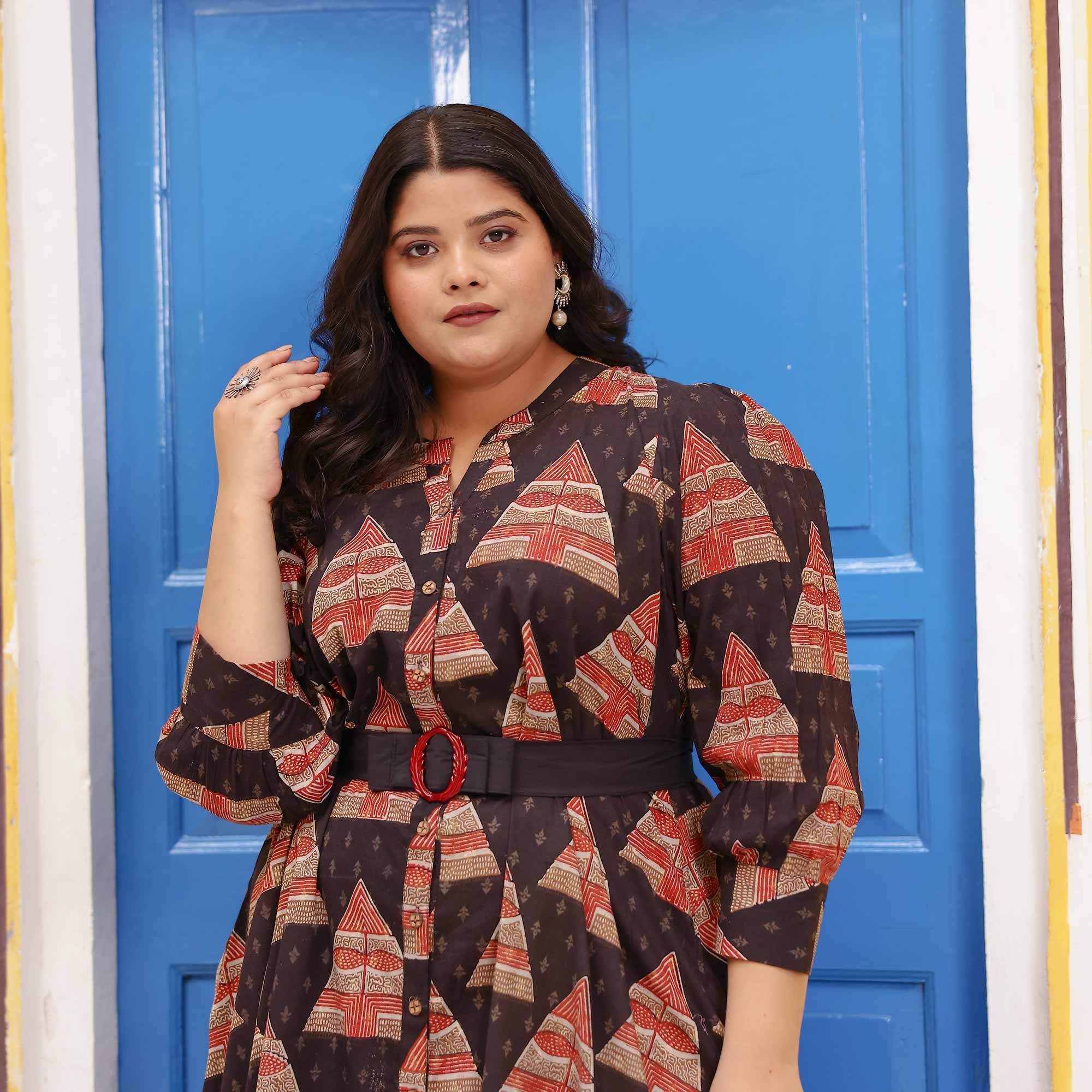 Citrus Gingerbread Ajrakh Assymetrical Shirt Dress