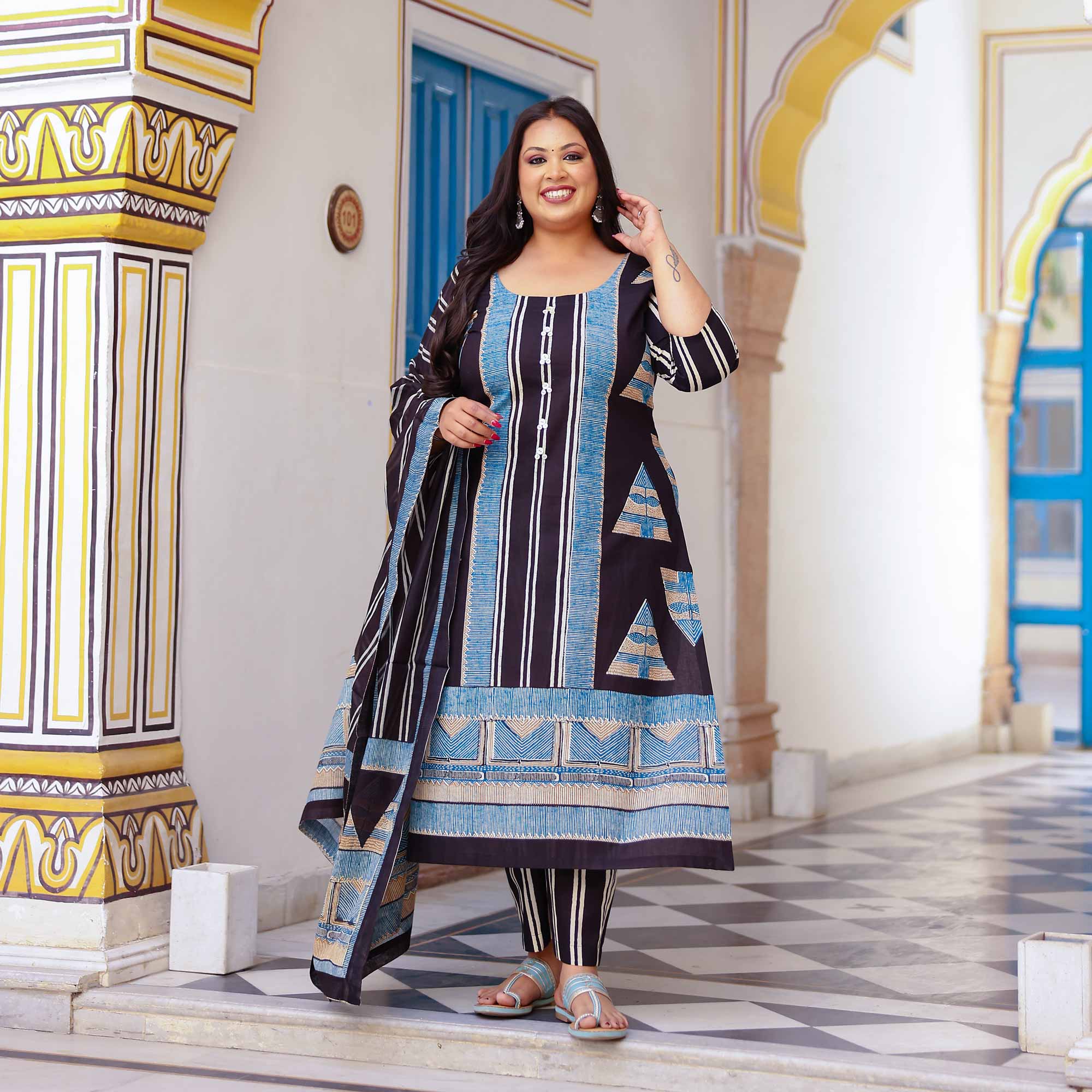 Black Ink & Azure Triangle Ajrakh Cotton Suit Set