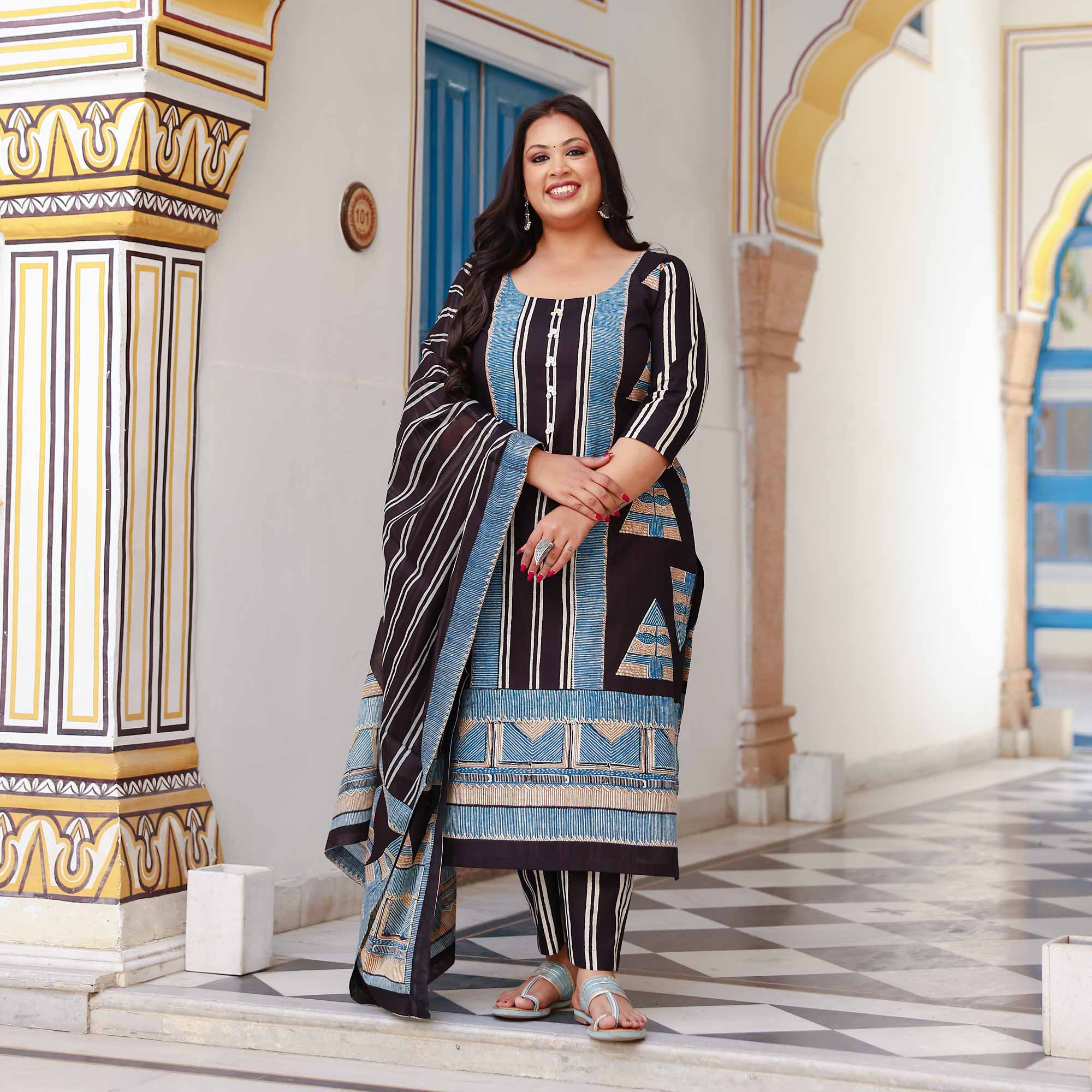 Black Ink & Azure Triangle Ajrakh Cotton Suit Set