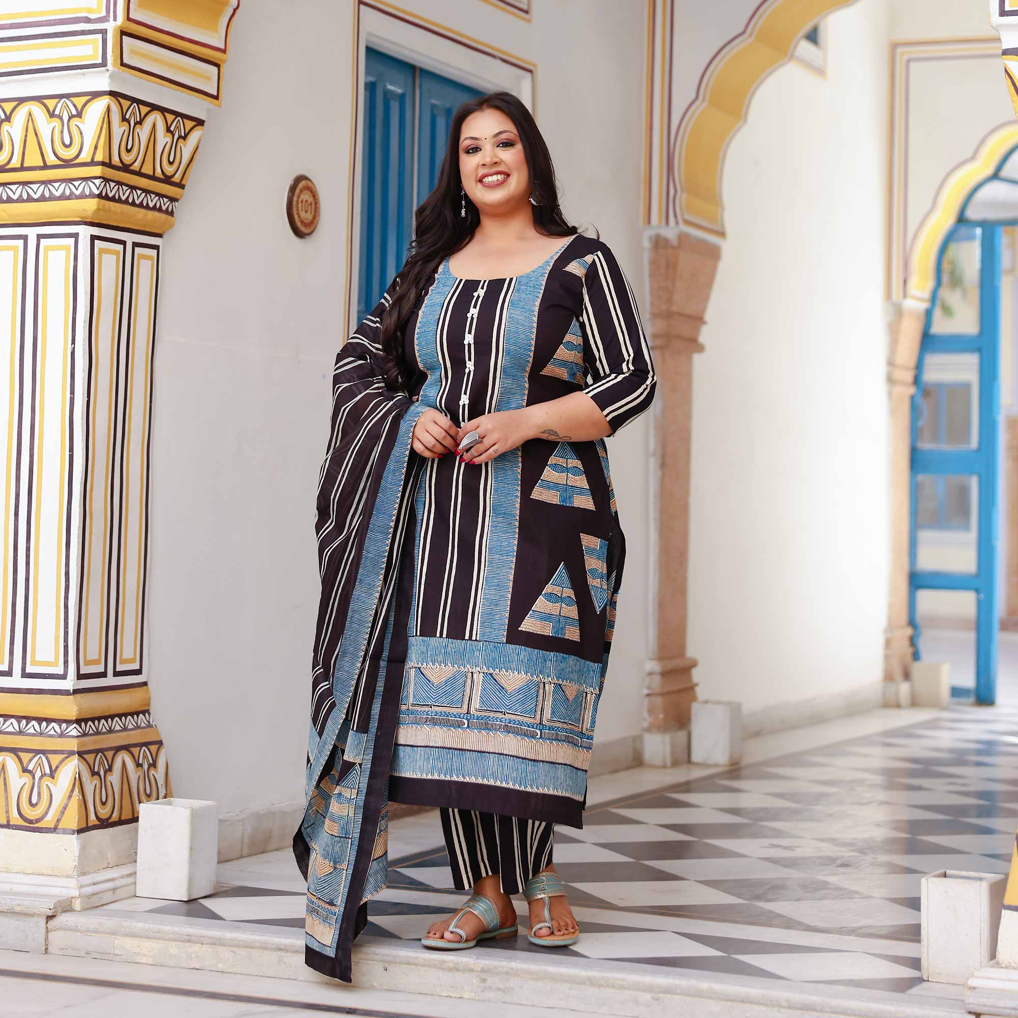 Black Ink & Azure Triangle Ajrakh Cotton Suit Set