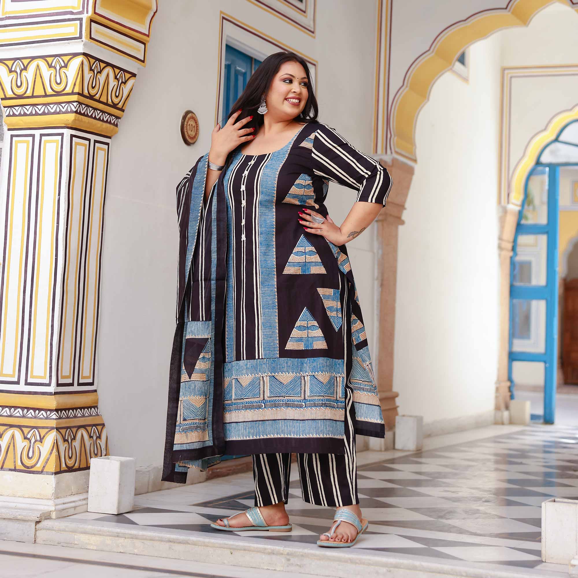 Black Ink & Azure Triangle Ajrakh Cotton Suit Set