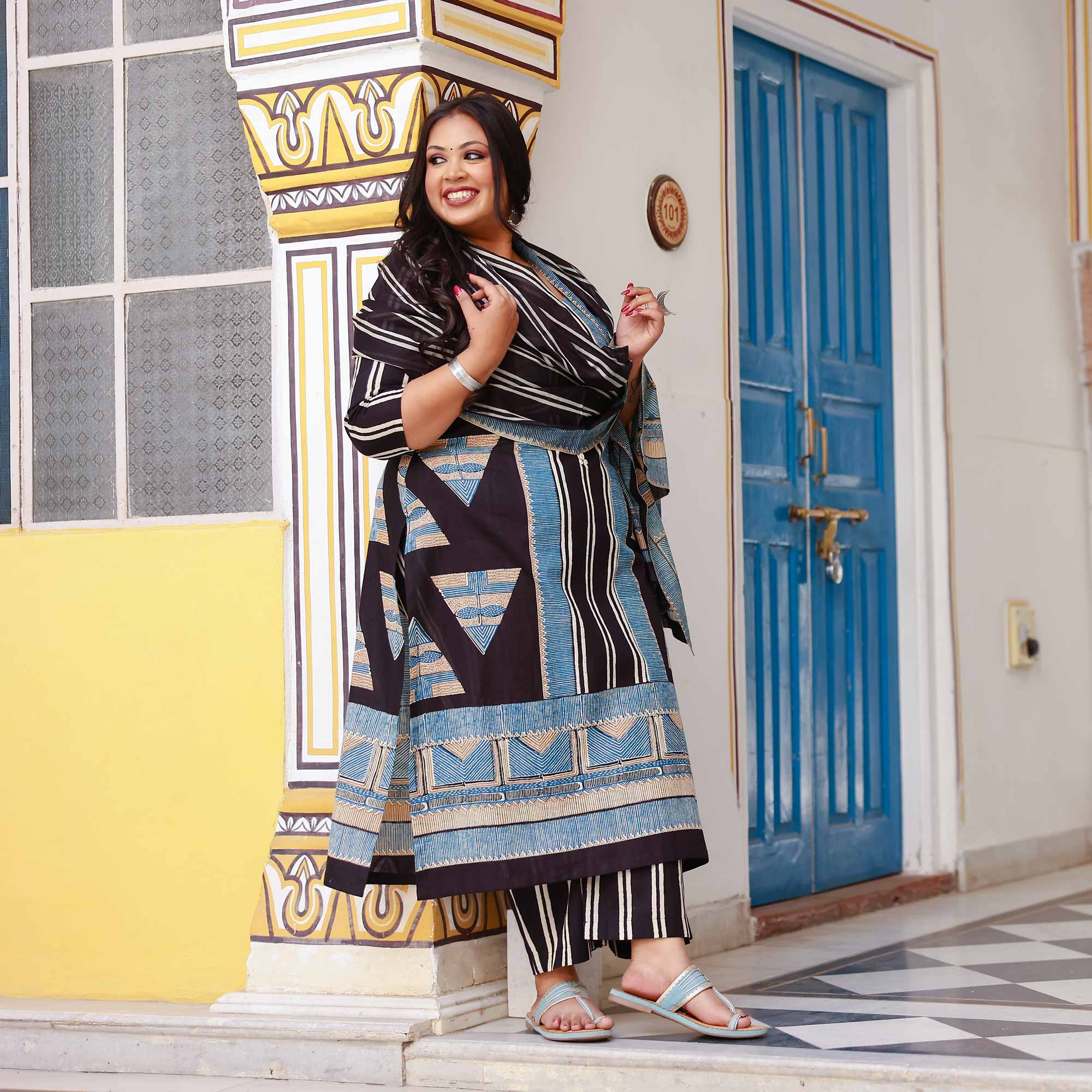 Black Ink & Azure Triangle Ajrakh Cotton Suit Set