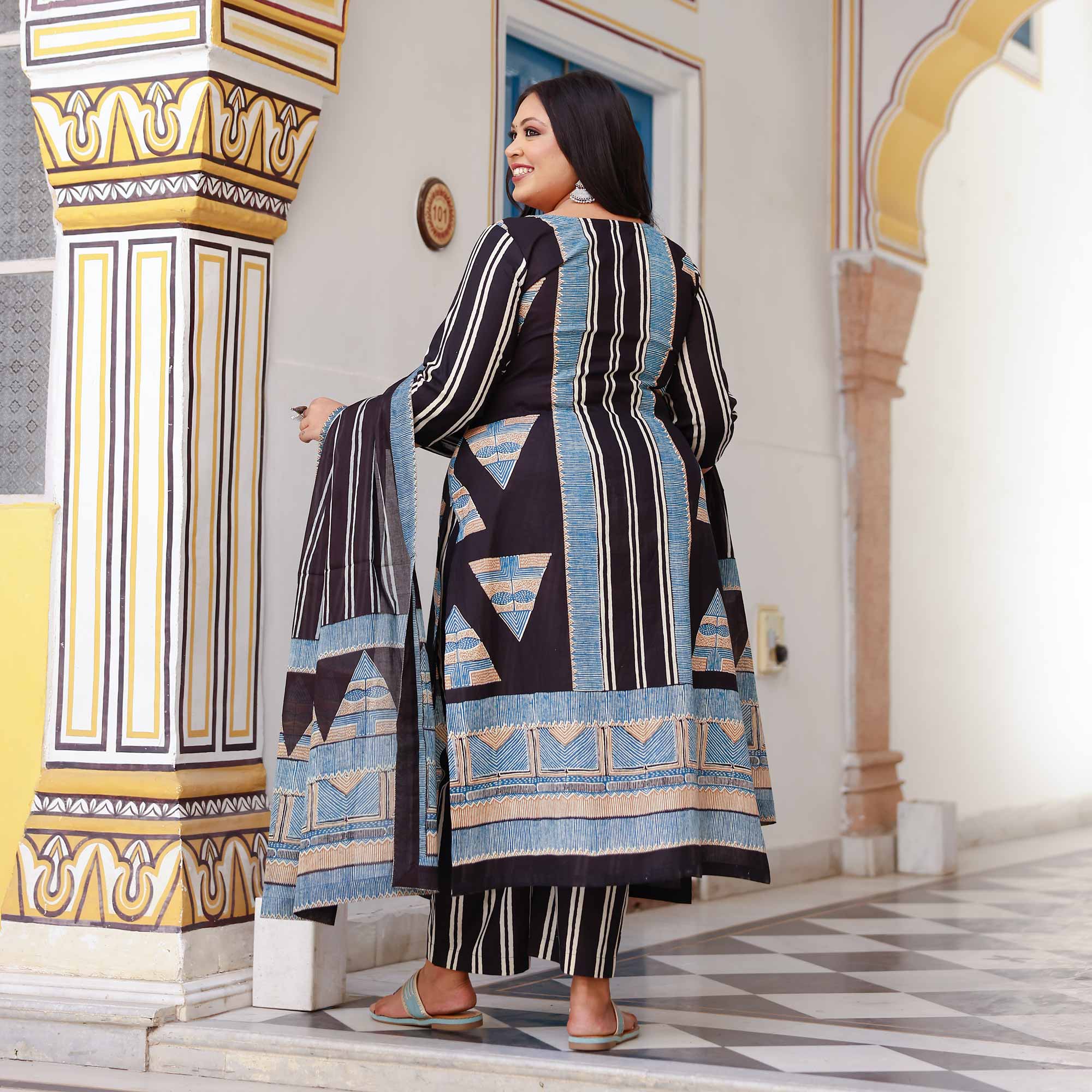 Black Ink & Azure Triangle Ajrakh Cotton Suit Set
