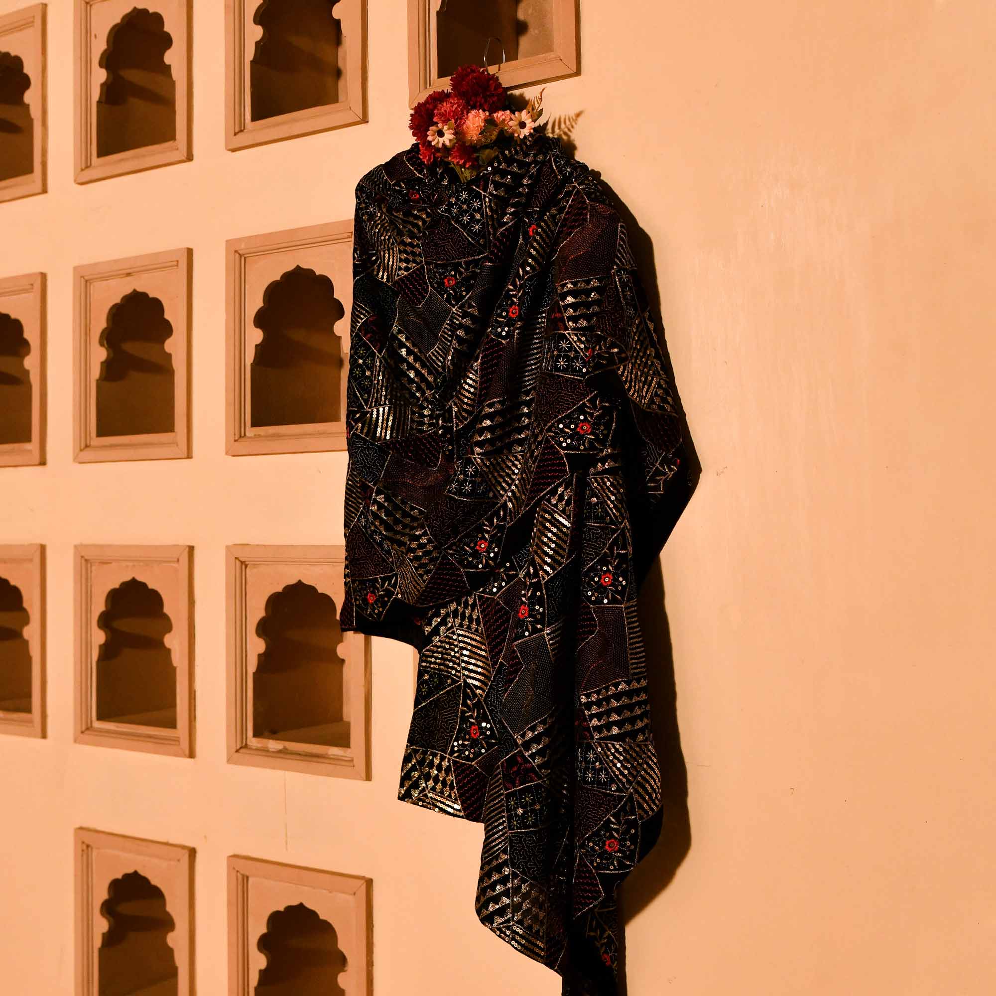 Black Velvet Woollen Sequin Embellished Dupatta Stole