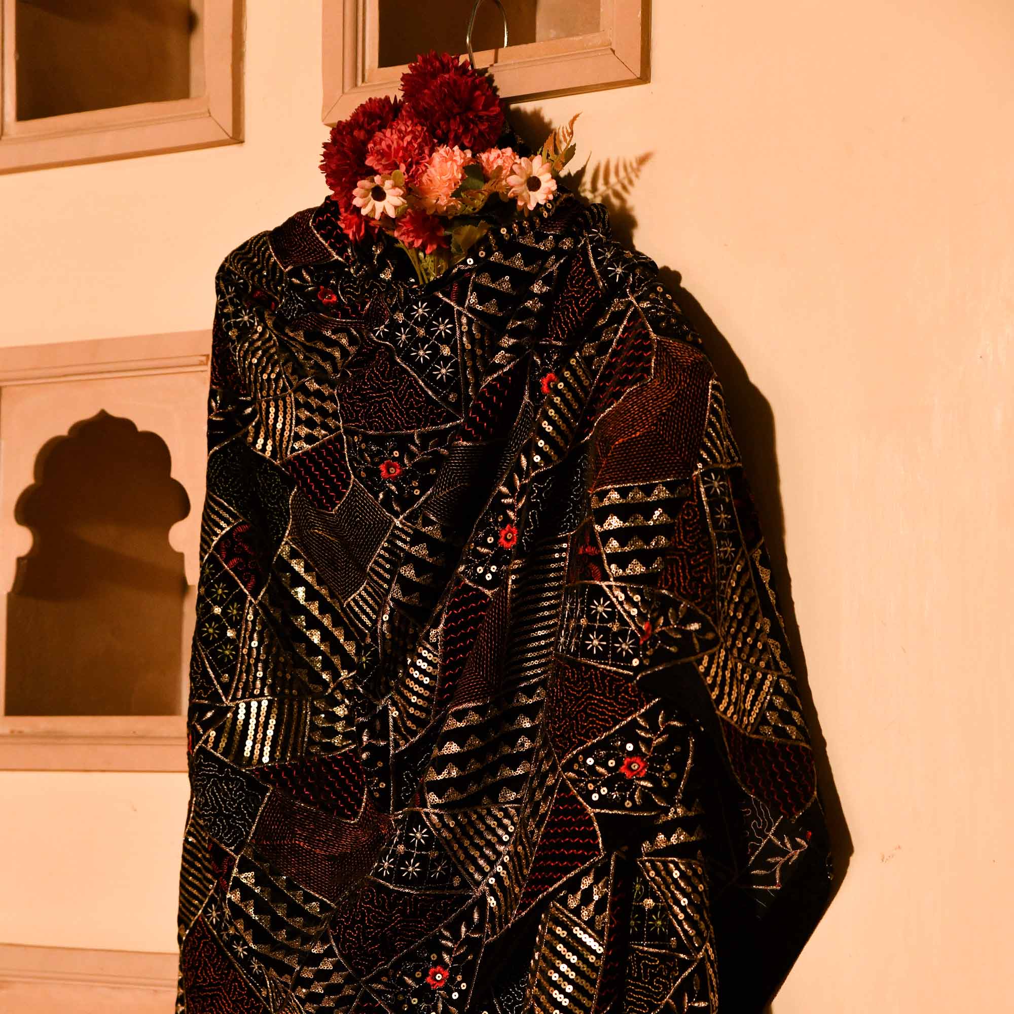 Black Velvet Woollen Sequin Embellished Dupatta Stole