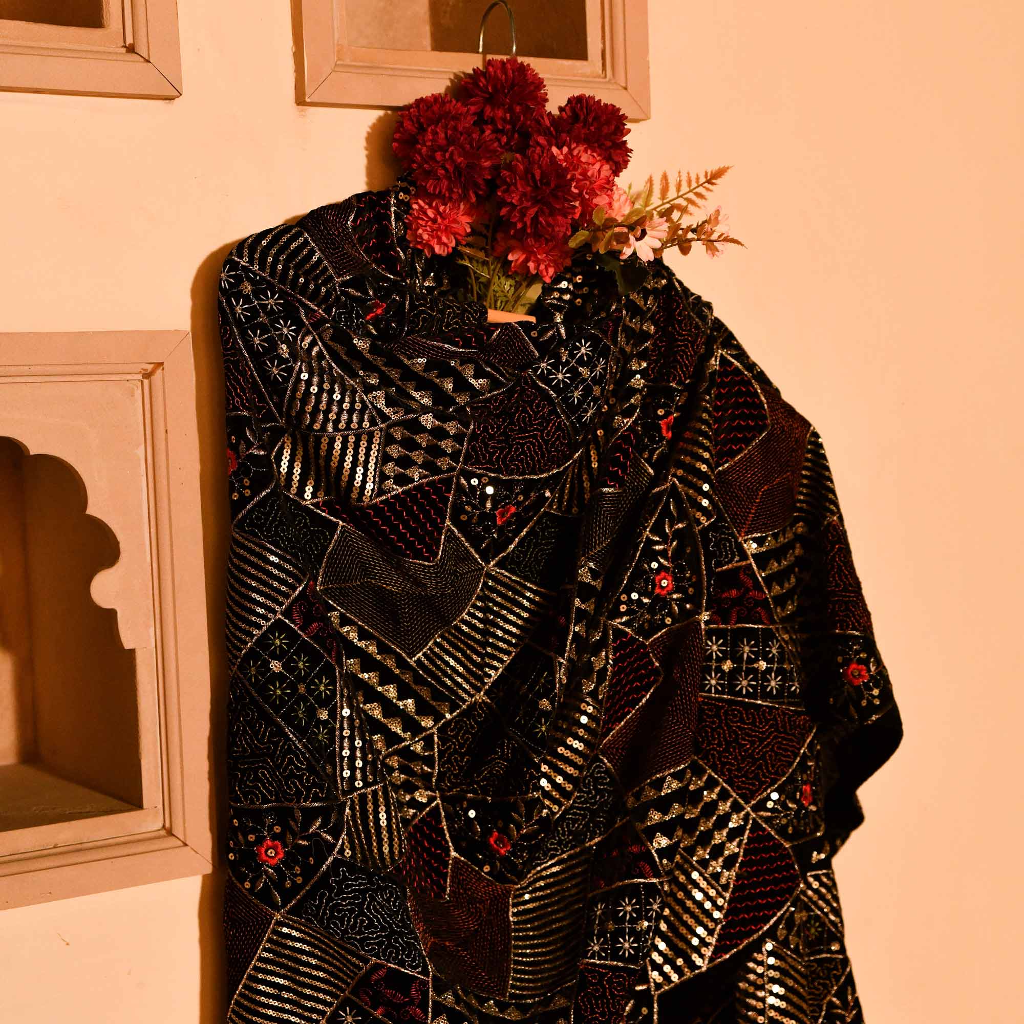 Black Velvet Woollen Sequin Embellished Dupatta Stole