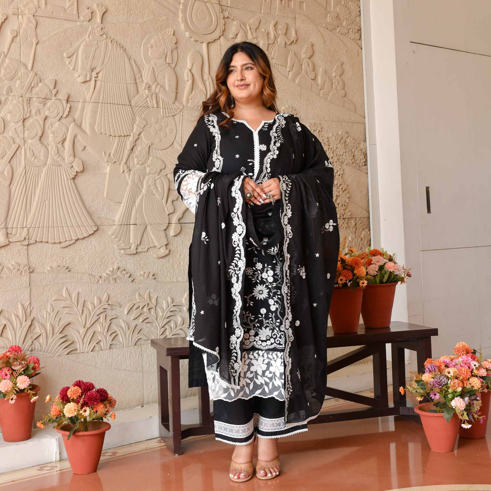 Shambhavi- Black & White Pure Cotton Thread Embroidered Suit Set