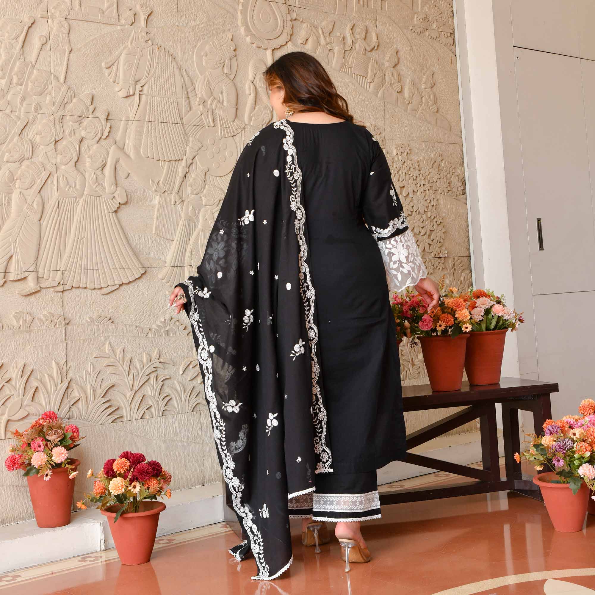 Shambhavi- Black & White Pure Cotton Thread Embroidered Suit Set