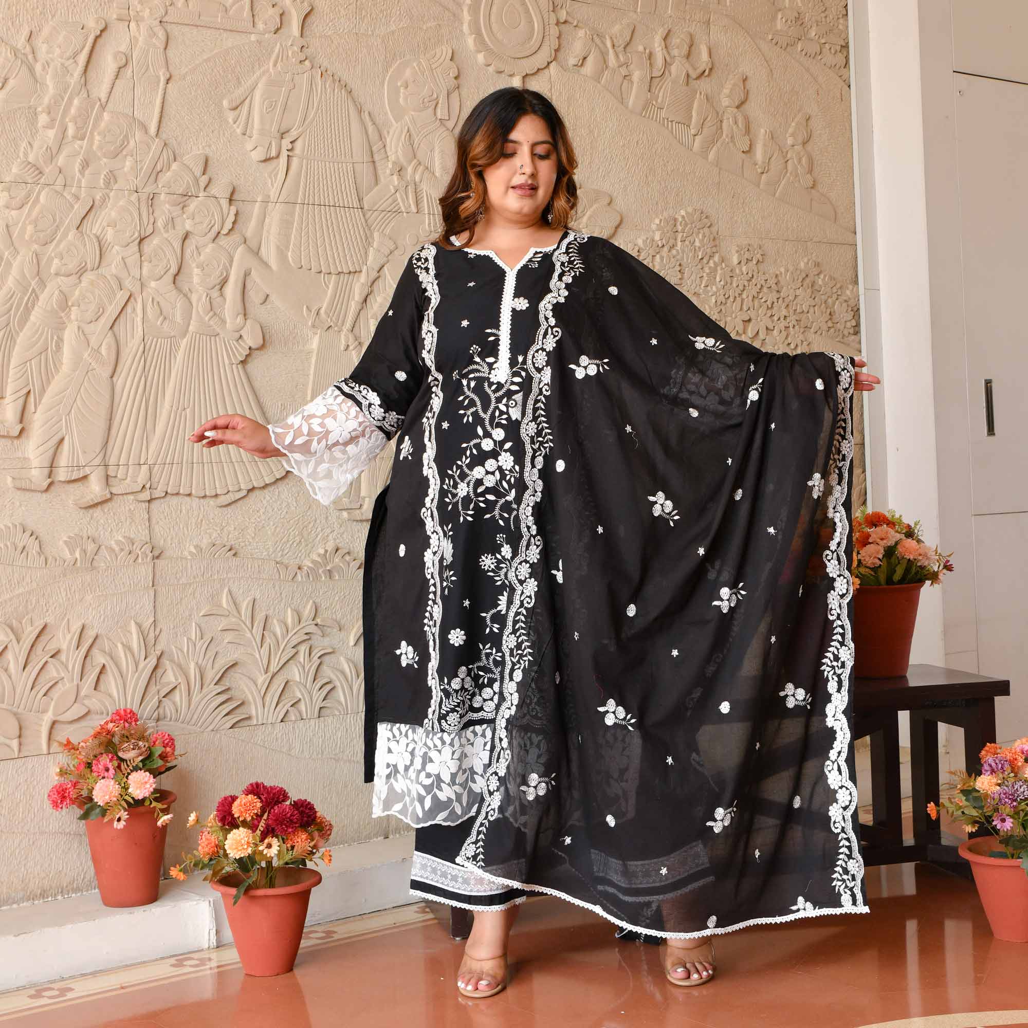 Shambhavi- Black & White Pure Cotton Thread Embroidered Suit Set