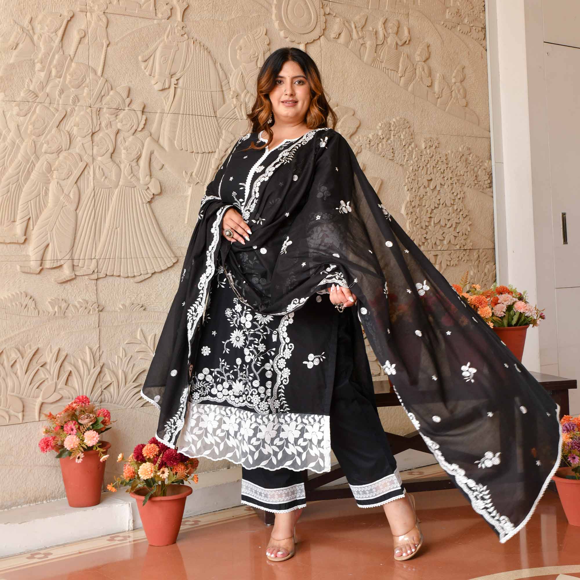 Shambhavi- Black & White Pure Cotton Thread Embroidered Suit Set