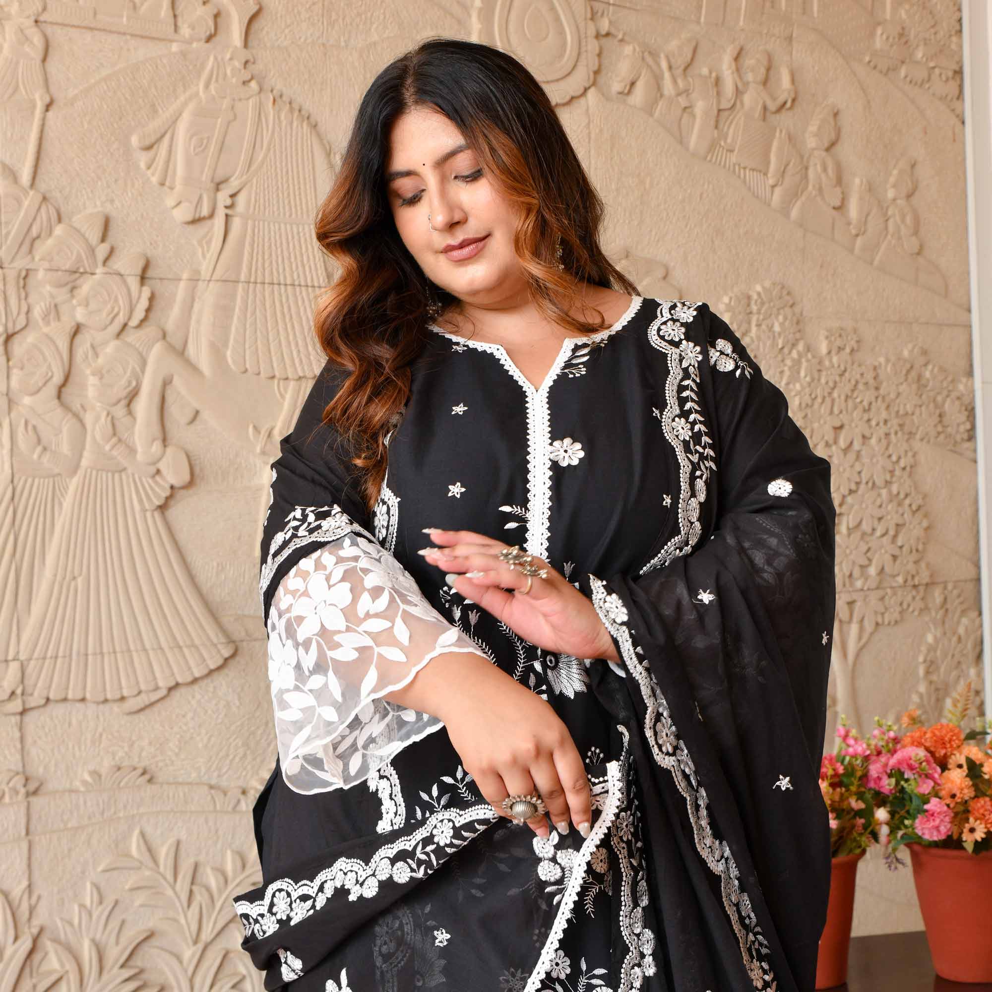 Shambhavi- Black & White Pure Cotton Thread Embroidered Suit Set