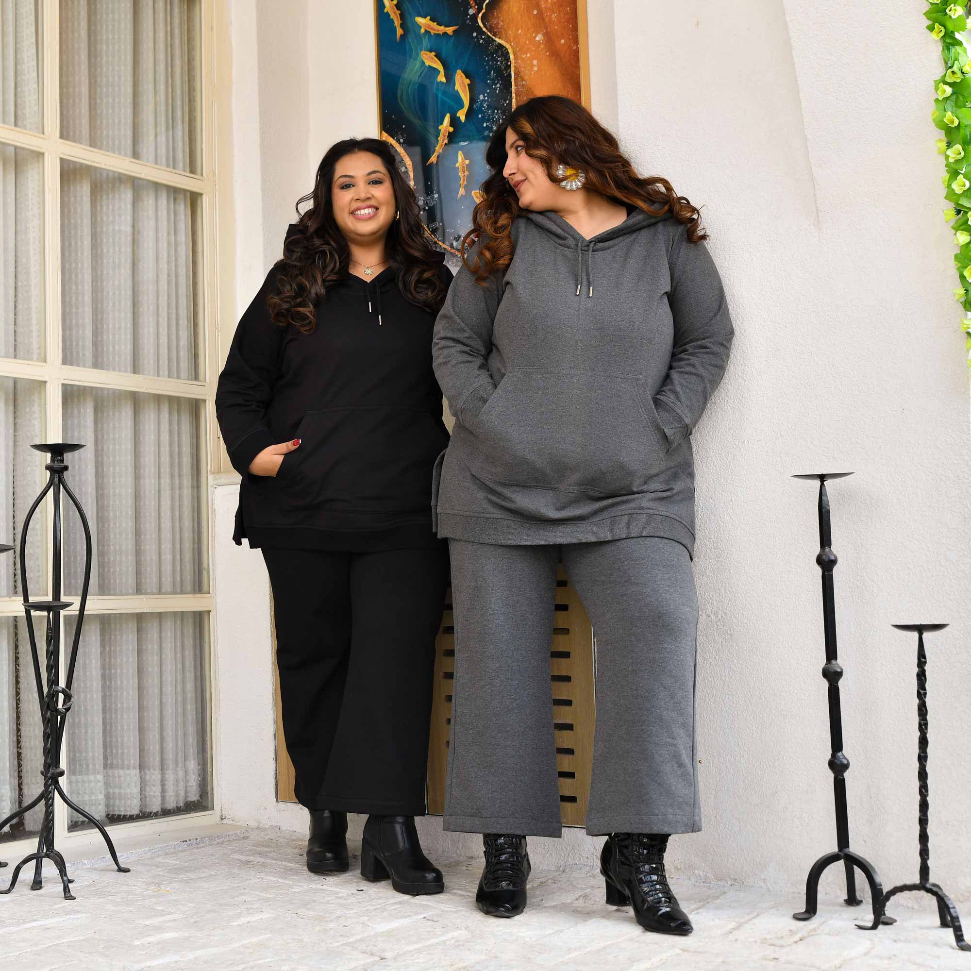 Black Woollen Fleece Pullover Hoodie Co-Ord Set