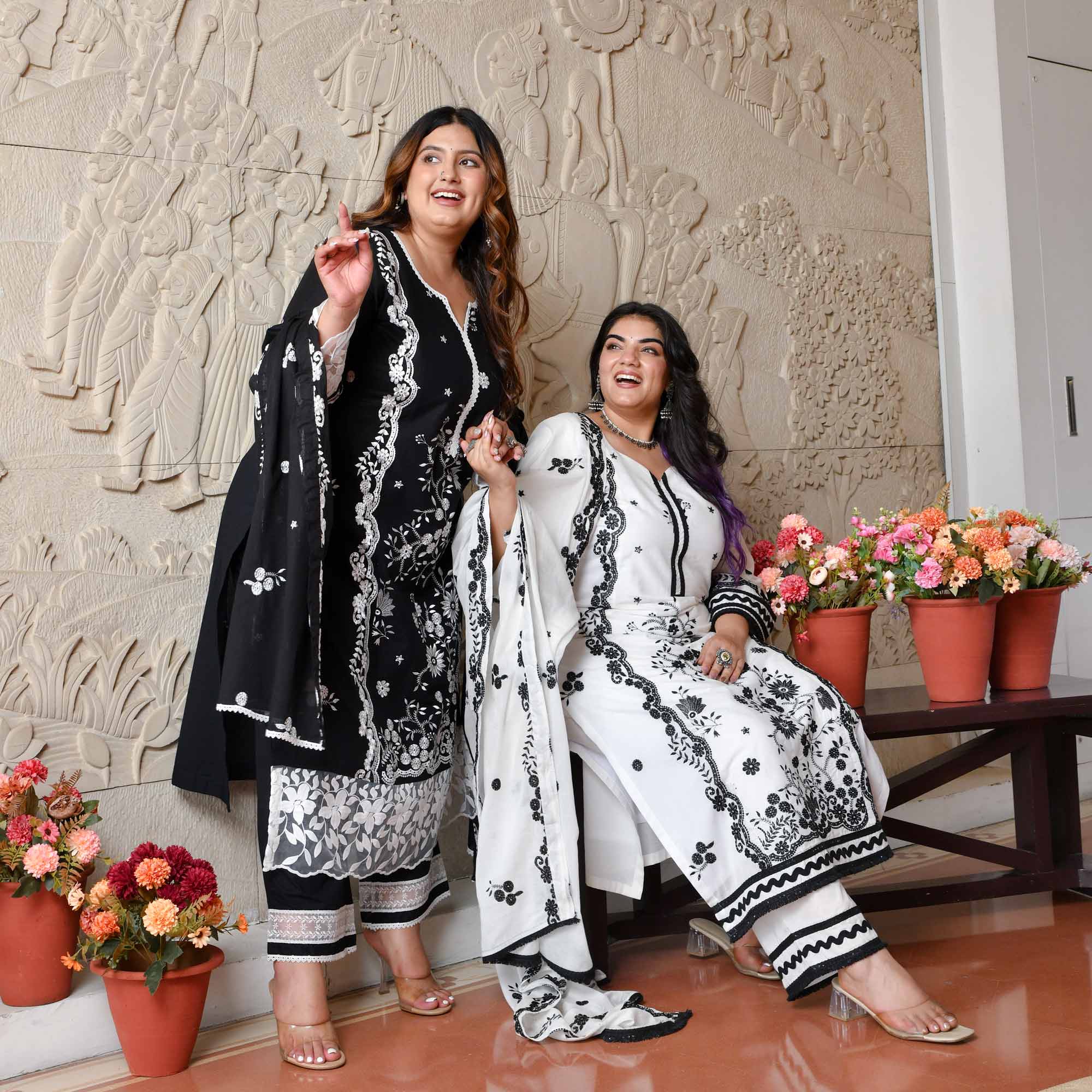 Shambhavi- Black & White Pure Cotton Thread Embroidered Suit Set