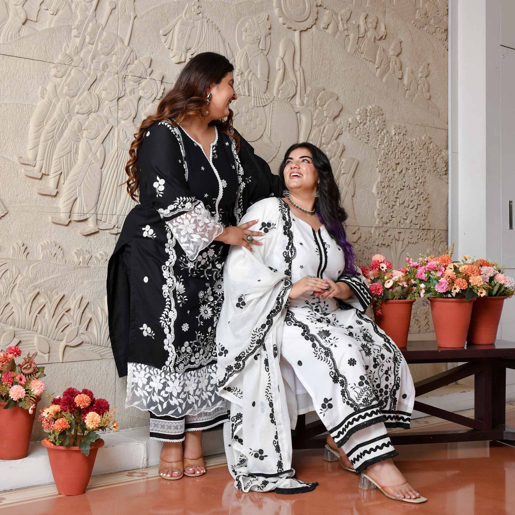 Tara- White & Black Pure Cotton Thread Embroidered Suit Set