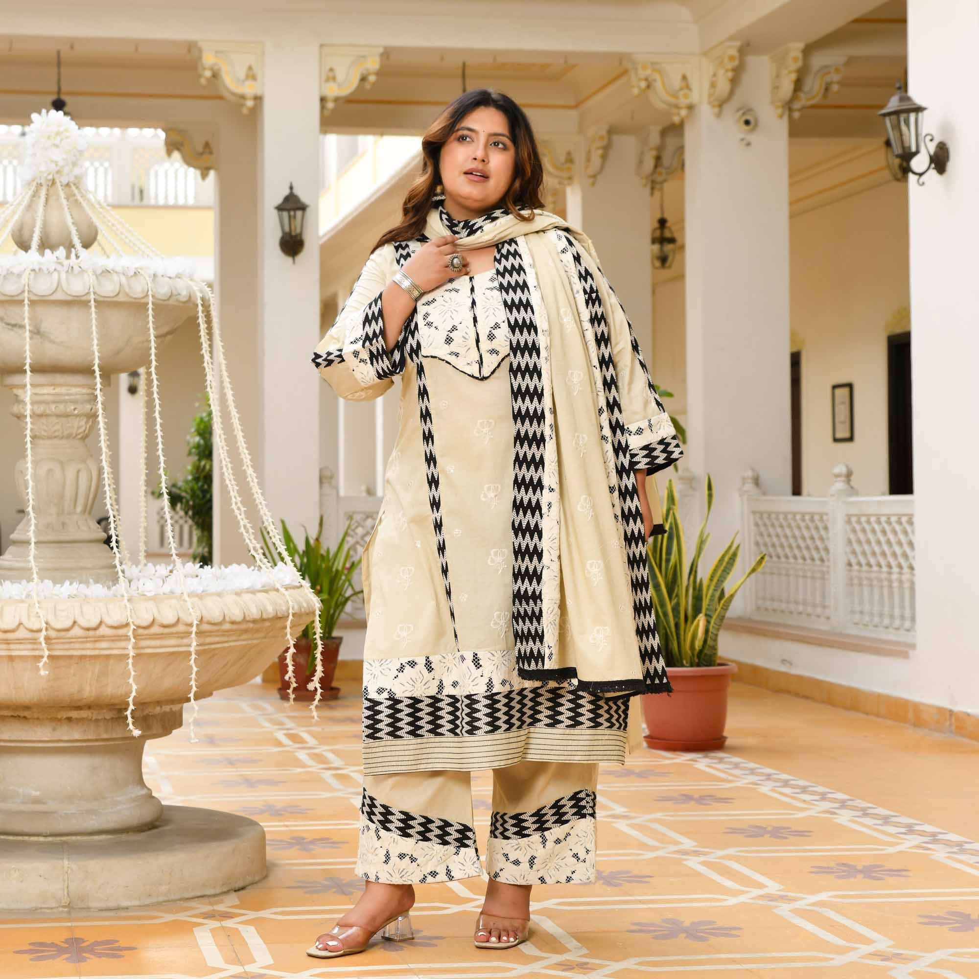 Dhumil- Off-white Pure Cotton Thread Embroidered Suit Set
