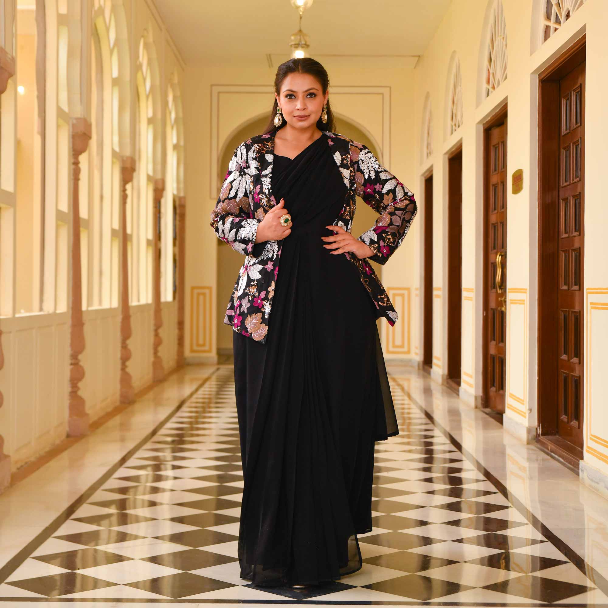 Black Rose Drape Saree with Blazer
