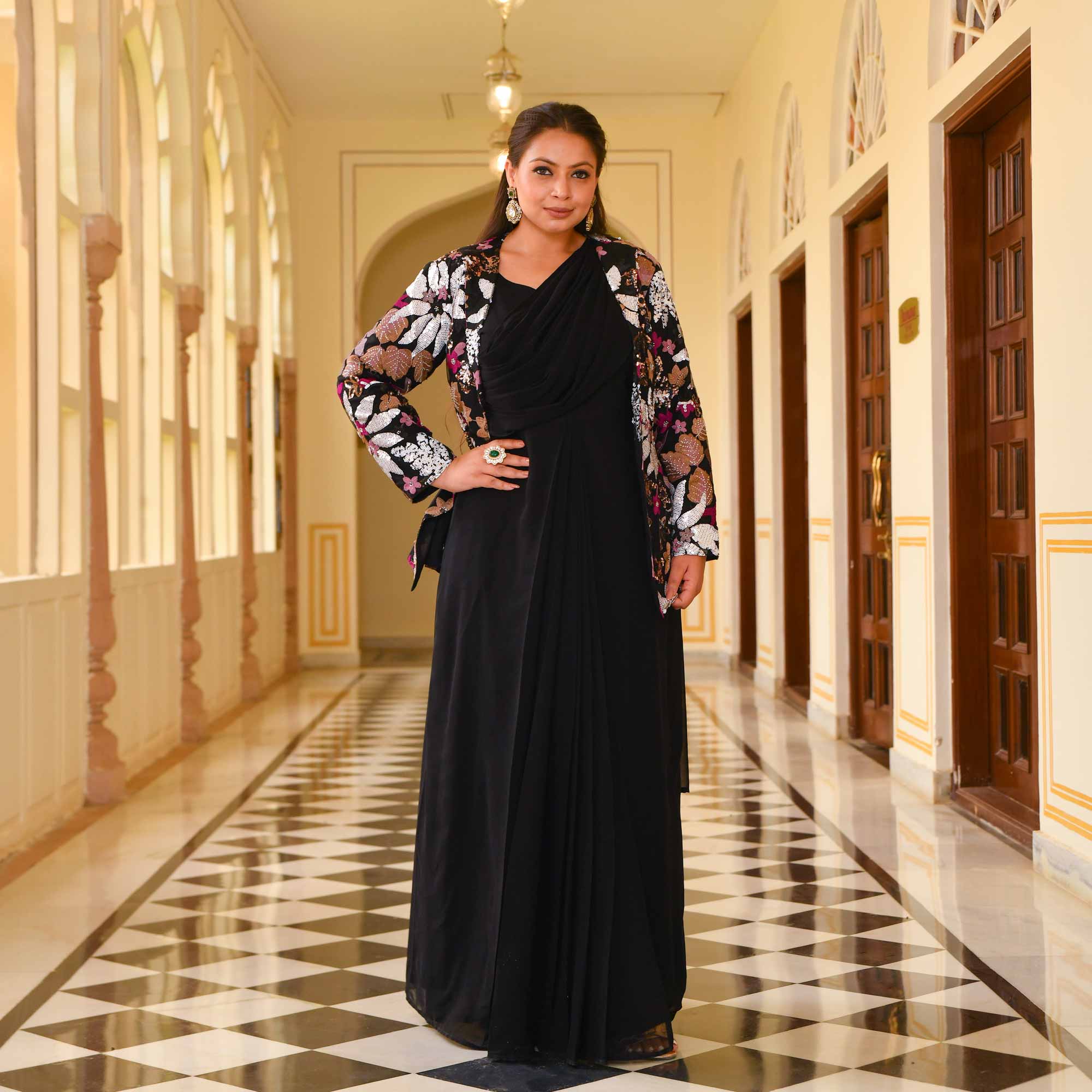 Black Rose Drape Saree with Blazer