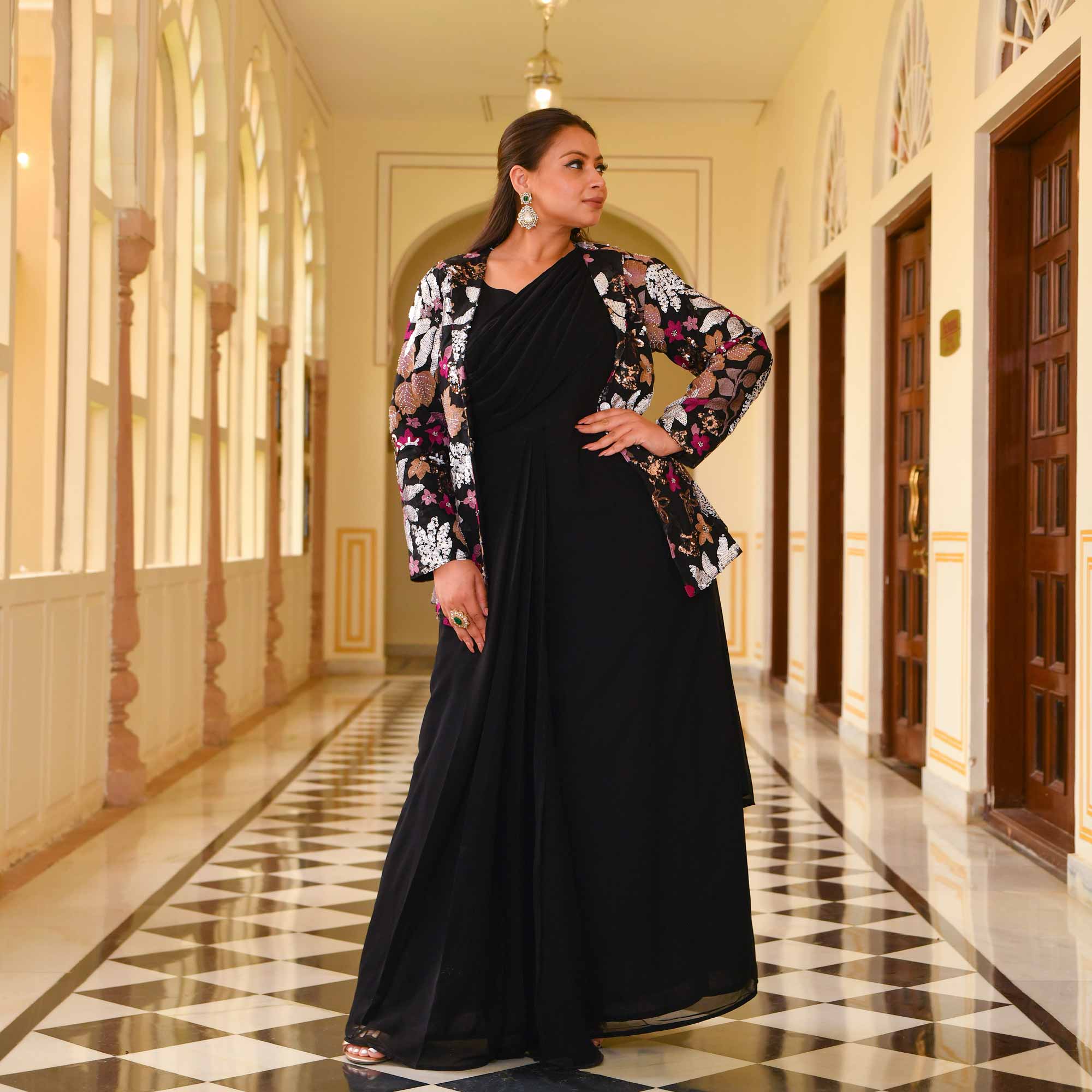 Ethnic Wear Long Black Dress With Jacket Gold Printed Designer