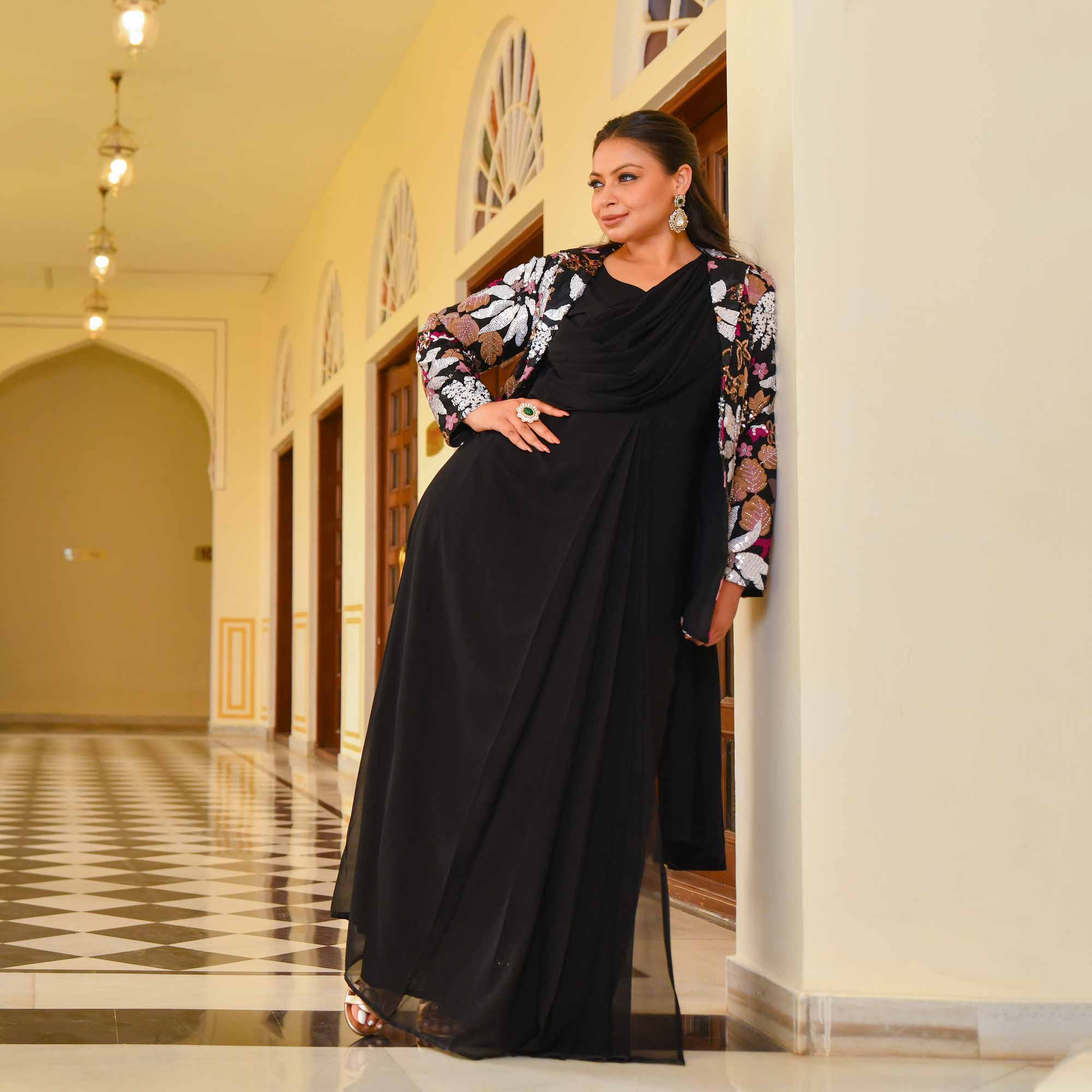 Black Rose Drape Saree with Blazer