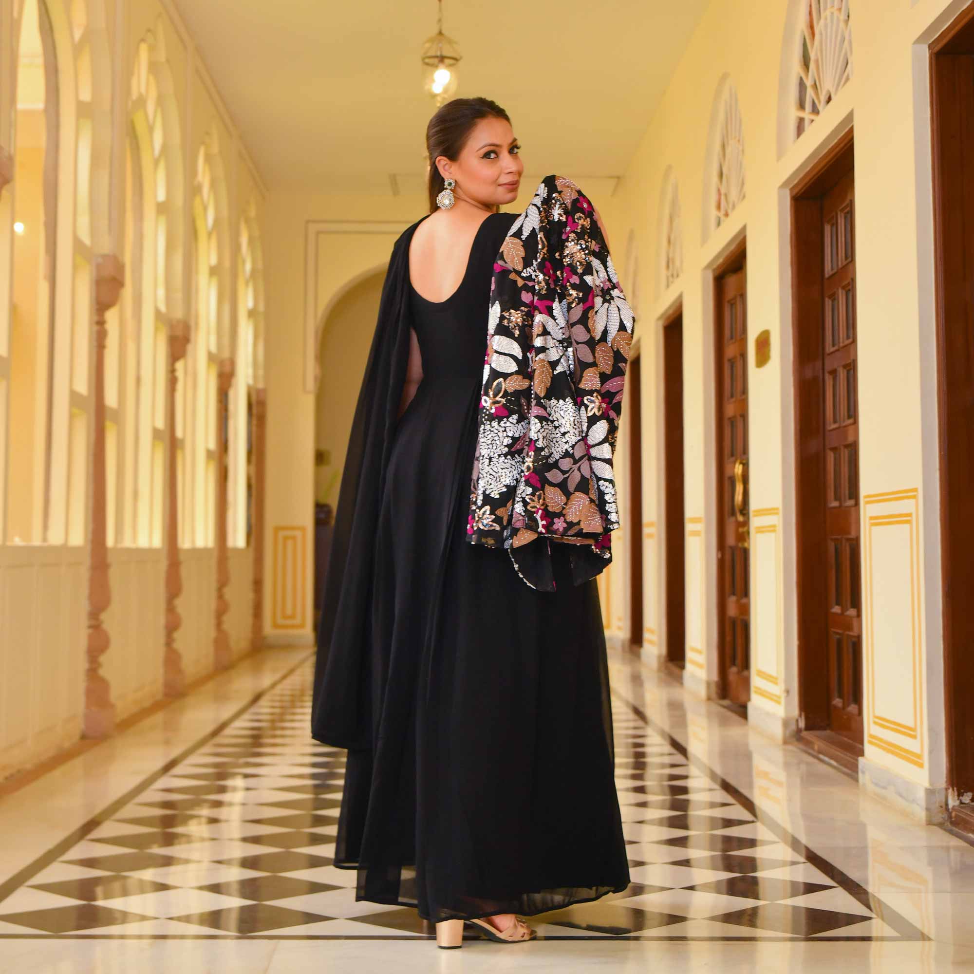 Black Rose Drape Saree with Blazer