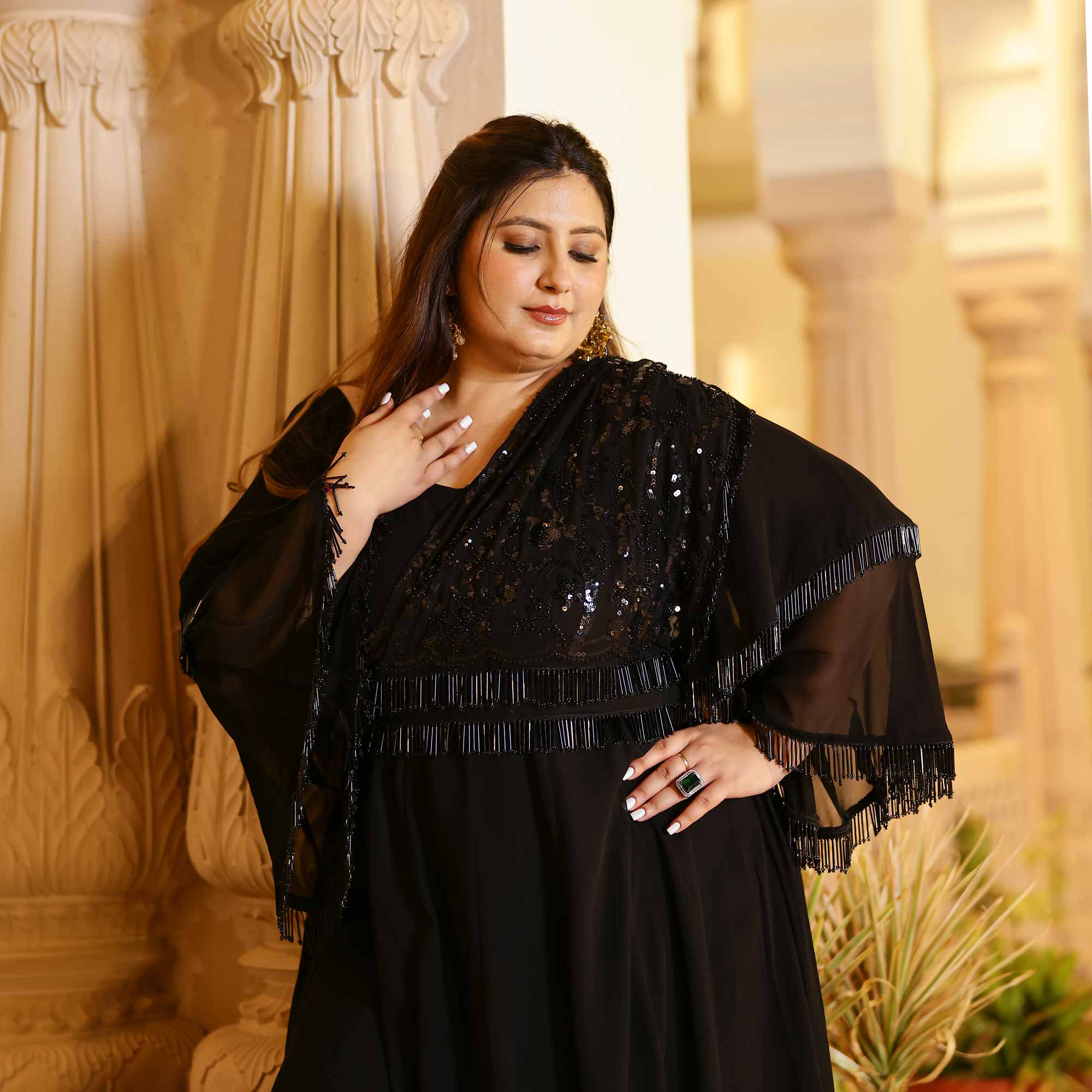 Luxe Ebony Cutdana Georgette Anarkali with Belt drape (Black)