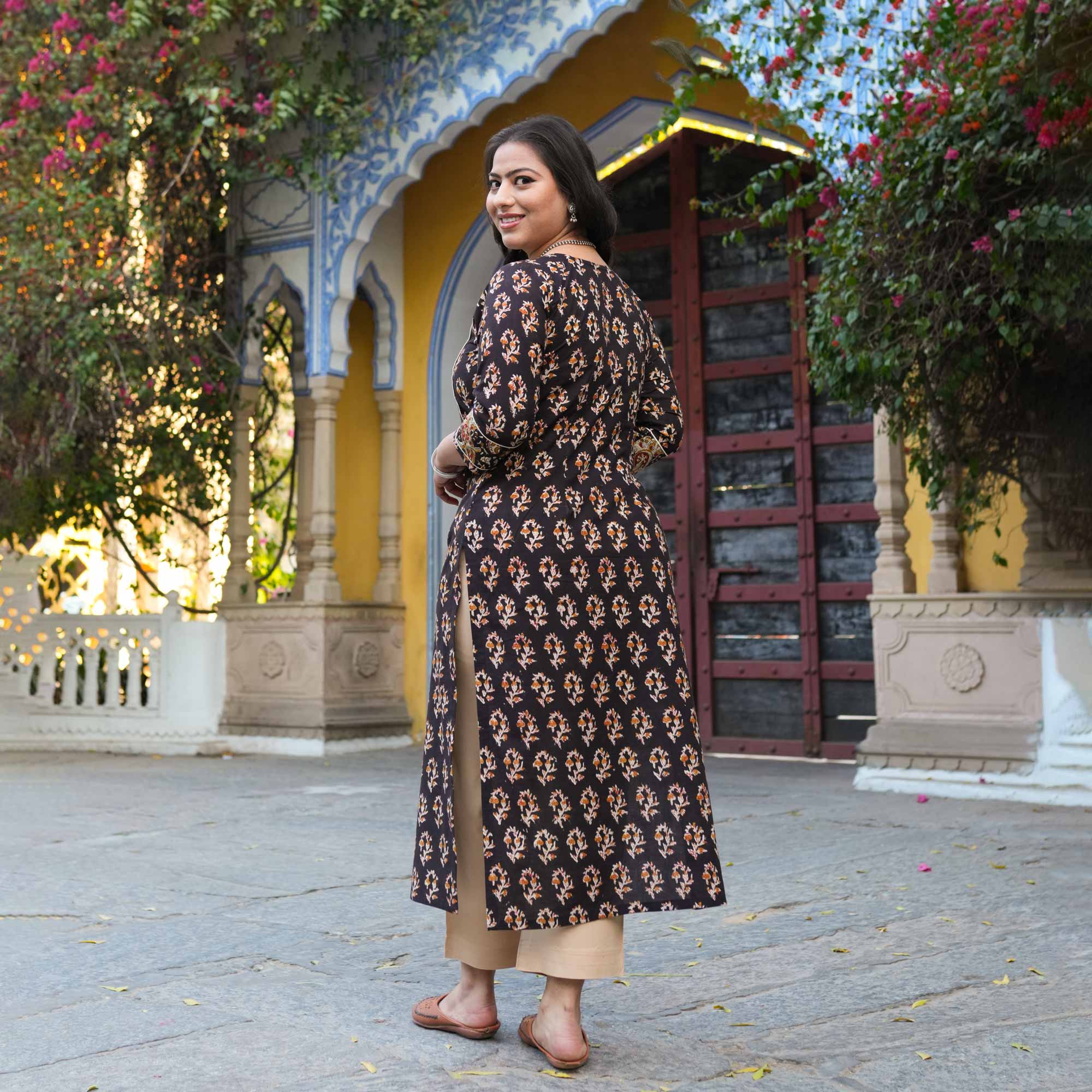 Hazelnut Hues Handblock Printed Floral Cotton Kurta